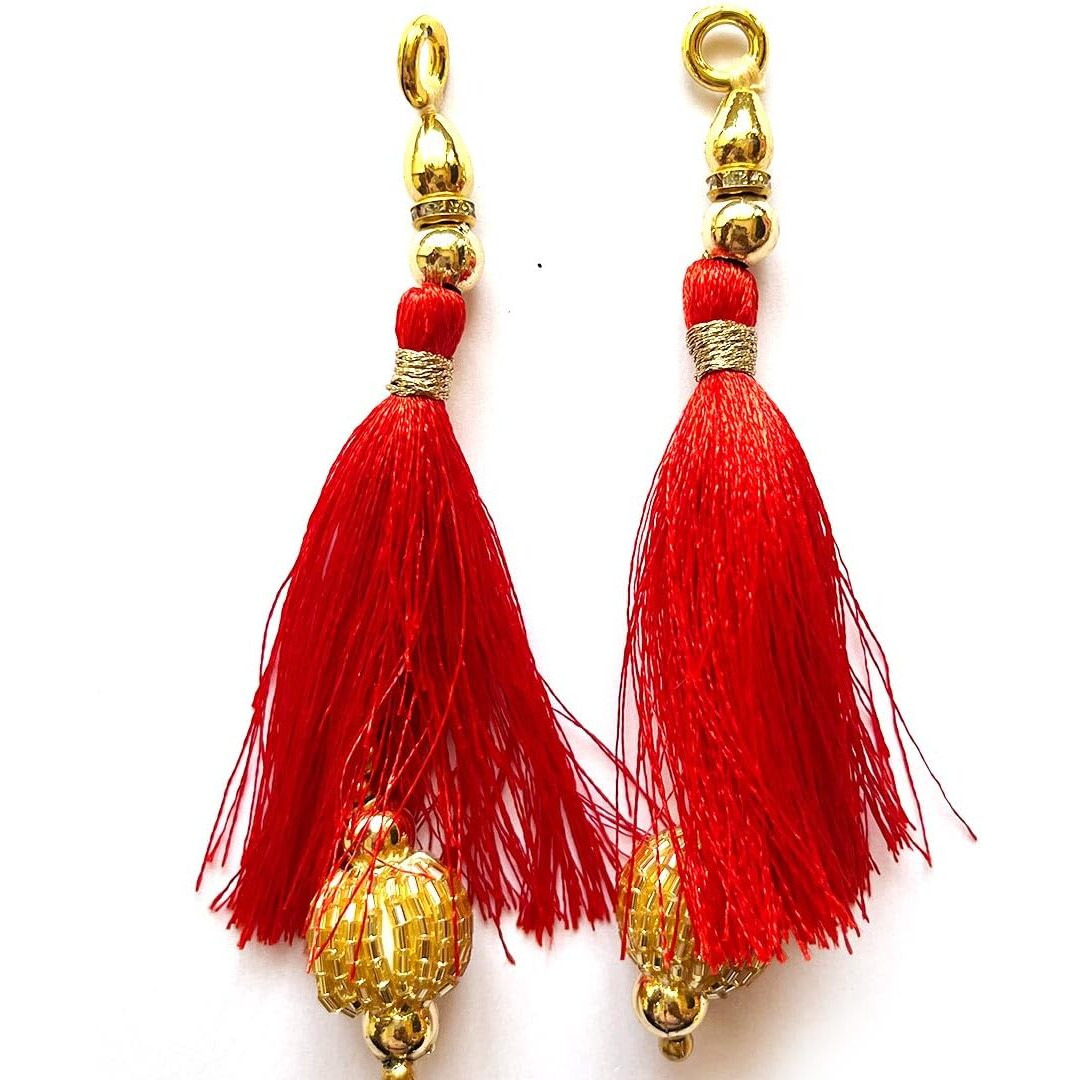 Adikala Silk Thread Golden Cutdana Beads Hanging Tassels For Saree Pallu, Suitable For Ethenic Wear, Bookmarks, Diy Art & Craft & Decoration (10, Red)