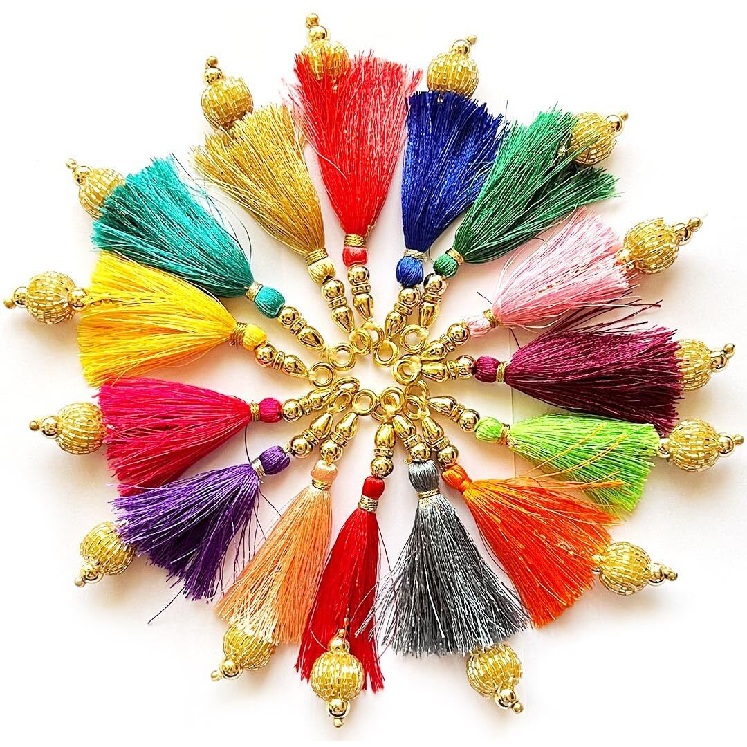 Adikala Silk Thread Golden Cutdana Beads Hanging Tassels For Saree Pallu, Suitable For Ethenic Wear, Bookmarks, Diy Art & Craft & Decoration (10, Red)