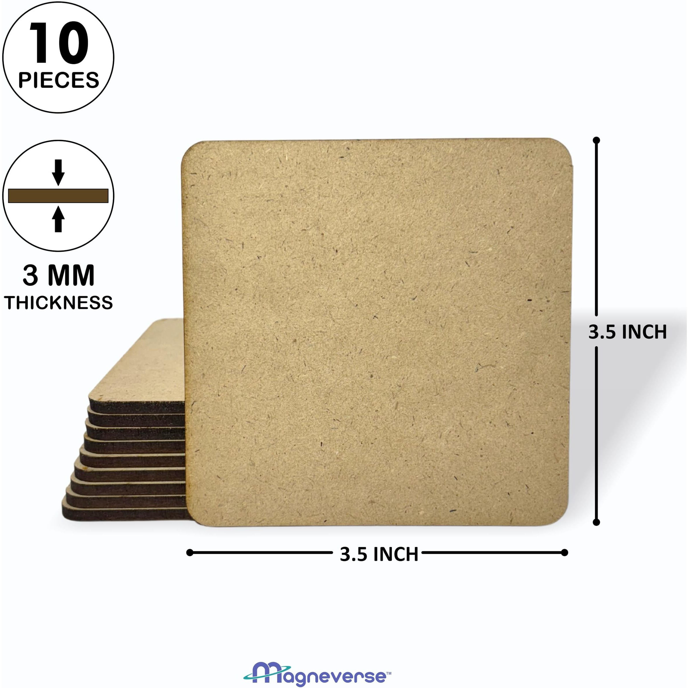 Magneverse 10-Piece Mdf Board Cutouts (3.5 Inches, 3Mm) - Cardboard For Craft, Mdf Board For Fridge Magnets, Coasters, Mandala & Small Lippan Art, Art & Craft (Square)