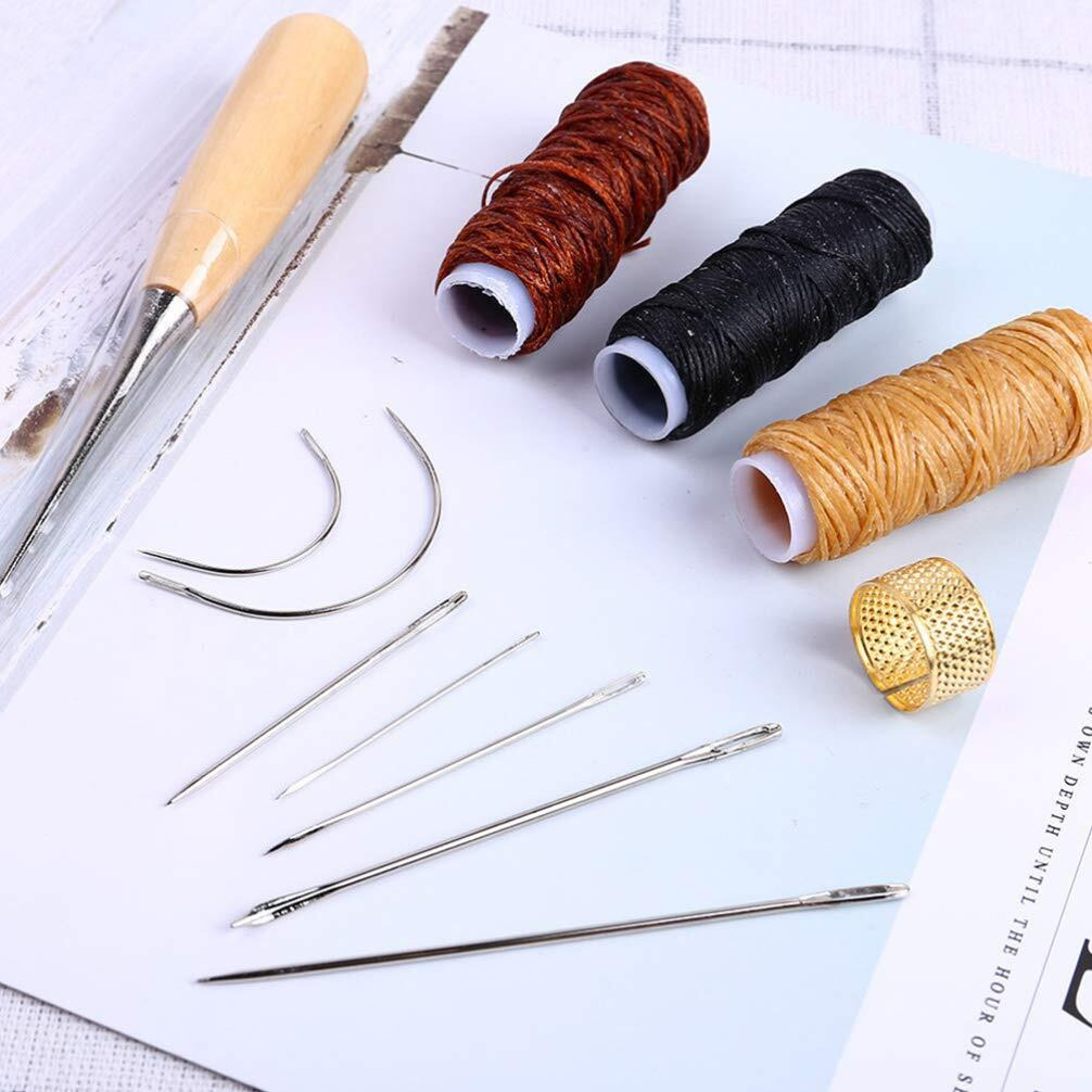 Artibetter 12Pcs/ Set Leather Craft Tools Kit With Hand Sewing Needles Drilling Awl Waxed Thread And Thimble Curved Upholstery Repair Kit