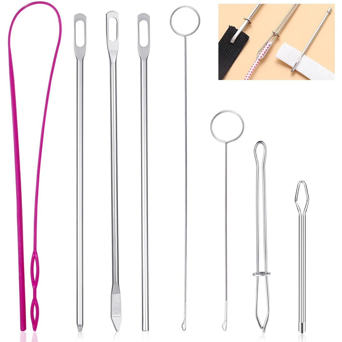 Hasthip 8 Pcs Drawstring Threader Tool Set, Stainless Steel Sewing Loop Turner Hooks With Latch For Turning Fabric Tubes Straps Belts Strips, Easy Rope Threader For Jackets Coats Pants