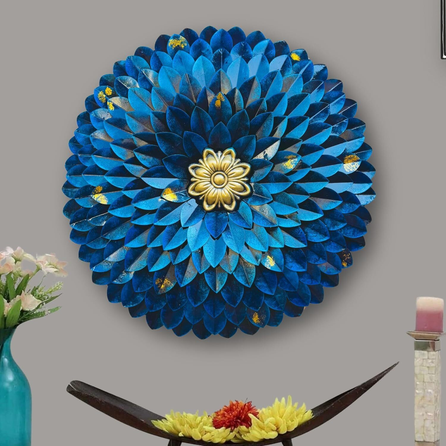 Anshika International Metal Wall Art Frame, Wall Sculpture For Living Room, Wall Hangings For Home Decoration, Wall Hanging Decorative Items For Bedroom For Blue Flower (Size 24X24 In)