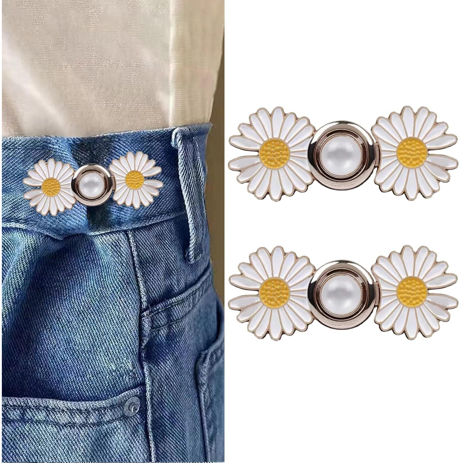 Abhaymart 2Pcs Jeans Button Pins Adjustable Jean Button Detachable Jean Button Pin No Sewing Required Perfect Fit Instant Jean Button (2, White Flower)