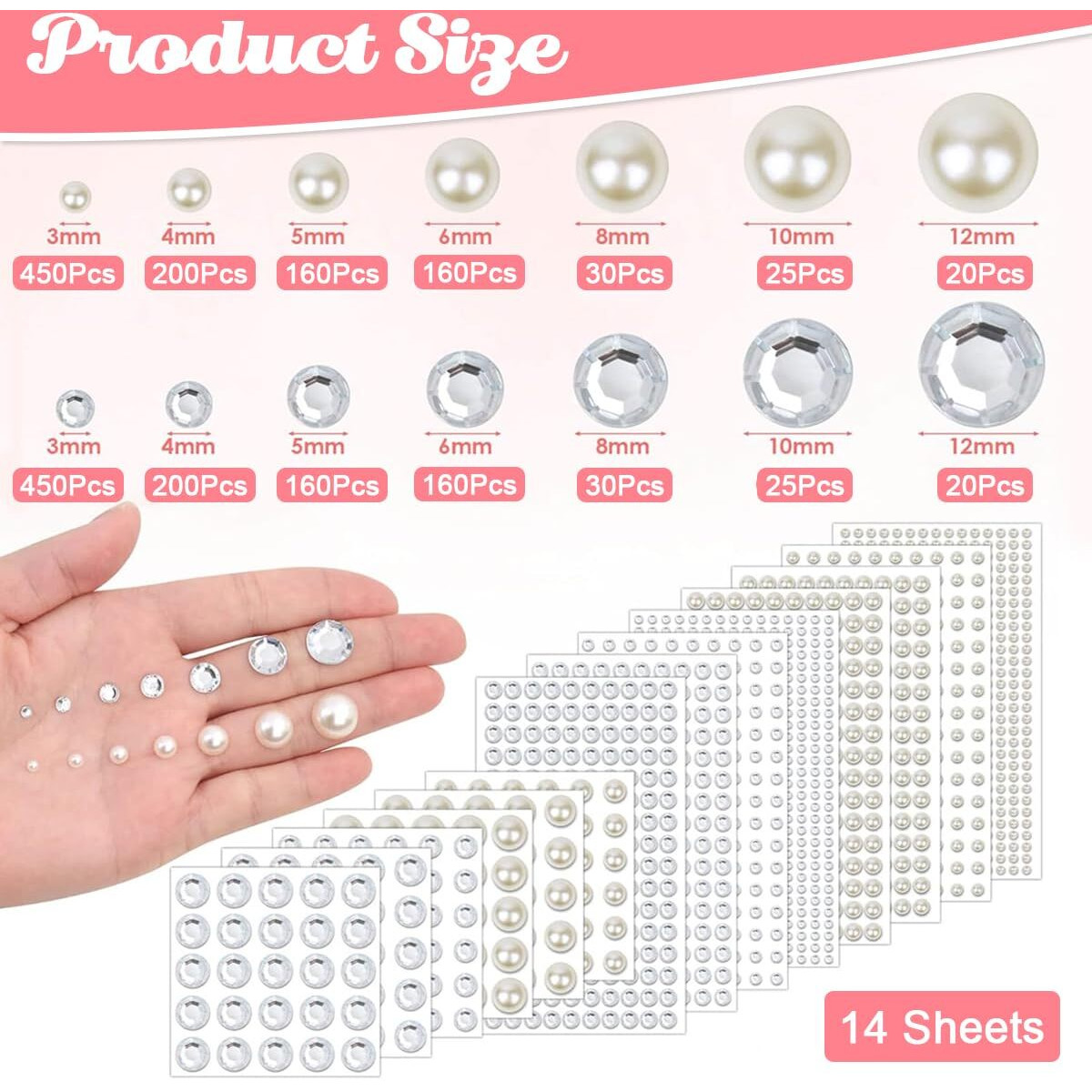 Maycreate 2000Pcs Pearl Stickers Rhinestones Face Gems Self-Adhesive Hair Gems Jewels Faux Pearls Assorted Sizes Stone Sticker For Face Makeup, Diy Crafting, Home Decor, Embellishments
