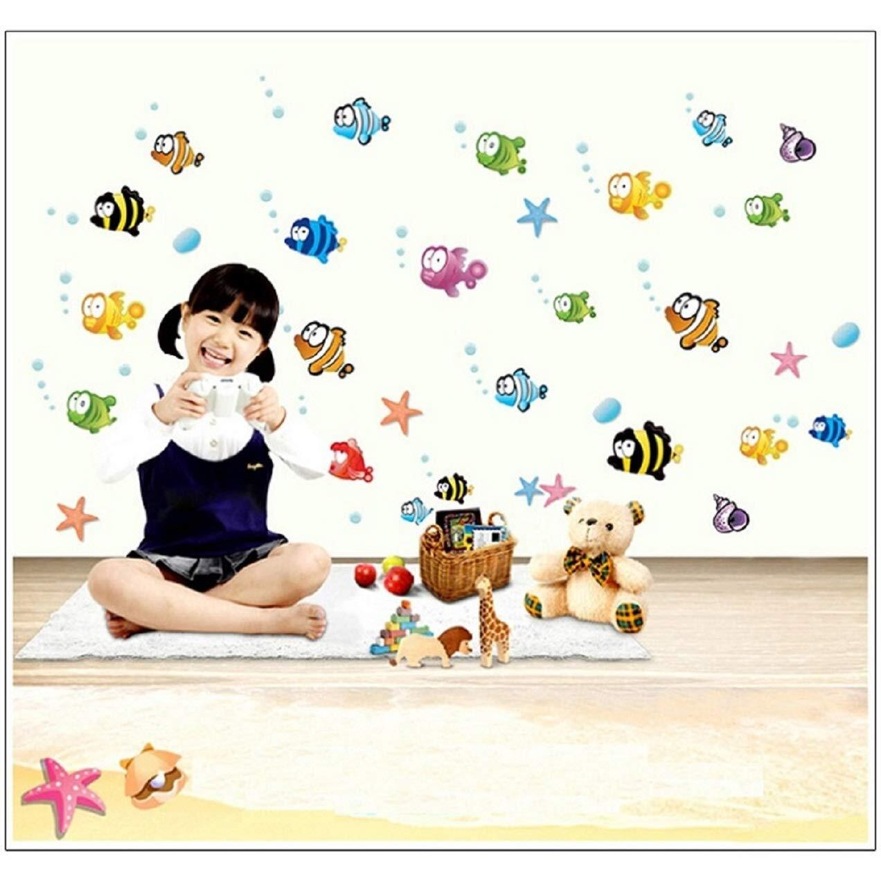 Jaamso Royals Multicolour Fish Design Vinyl Self Adhesive Peel And Stick For Bed Room Living Room Bathroom Wall Sticker Ay618(60Cm X 45Cm)