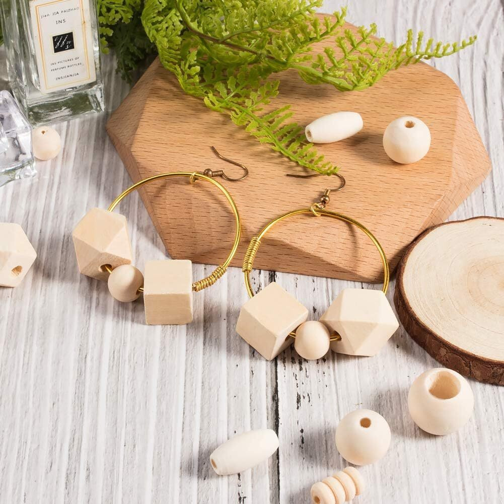 Diy Crafts 130, Mixed Unassorted Assorted Natural Wooden Bead, Round/Cube/Polygon/Rondelle/Oval/Column Spacer Beads Unfinished Wood Loose Beads For Bracelet Necklace Jewelry Christmas Decor (130)