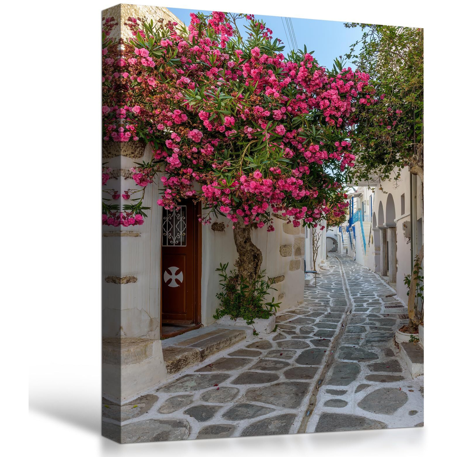 Qtespeii Greece Beautiful Scenery Picture Bougainvillea Flower Blooming On The Roadside Canvas Wall Art Old Town Streets Art Prints Poster Home Office Decoration Stretched And Framed, 12X16 Inch