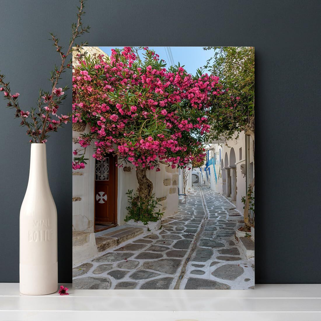 Qtespeii Greece Beautiful Scenery Picture Bougainvillea Flower Blooming On The Roadside Canvas Wall Art Old Town Streets Art Prints Poster Home Office Decoration Stretched And Framed, 12X16 Inch