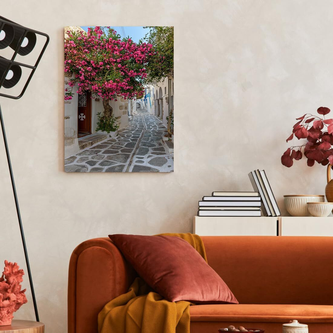 Qtespeii Greece Beautiful Scenery Picture Bougainvillea Flower Blooming On The Roadside Canvas Wall Art Old Town Streets Art Prints Poster Home Office Decoration Stretched And Framed, 12X16 Inch