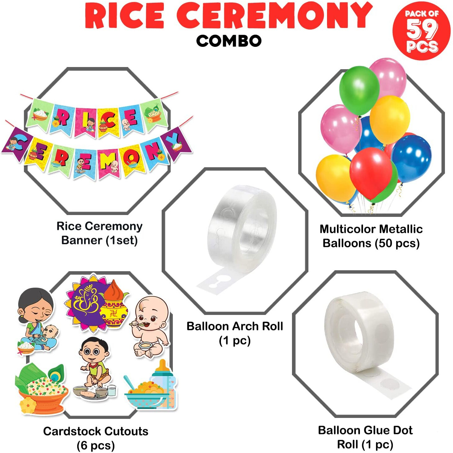 Zyozique Annaprasanam Cardstock Cutout With Rice Ceremony Paper Banner And Balloon,Annaprashan Decoration Items,Rice Ceremony Decorations Items,Baby Photoshoot Props For Rice Ceremony (Pack Of 59)