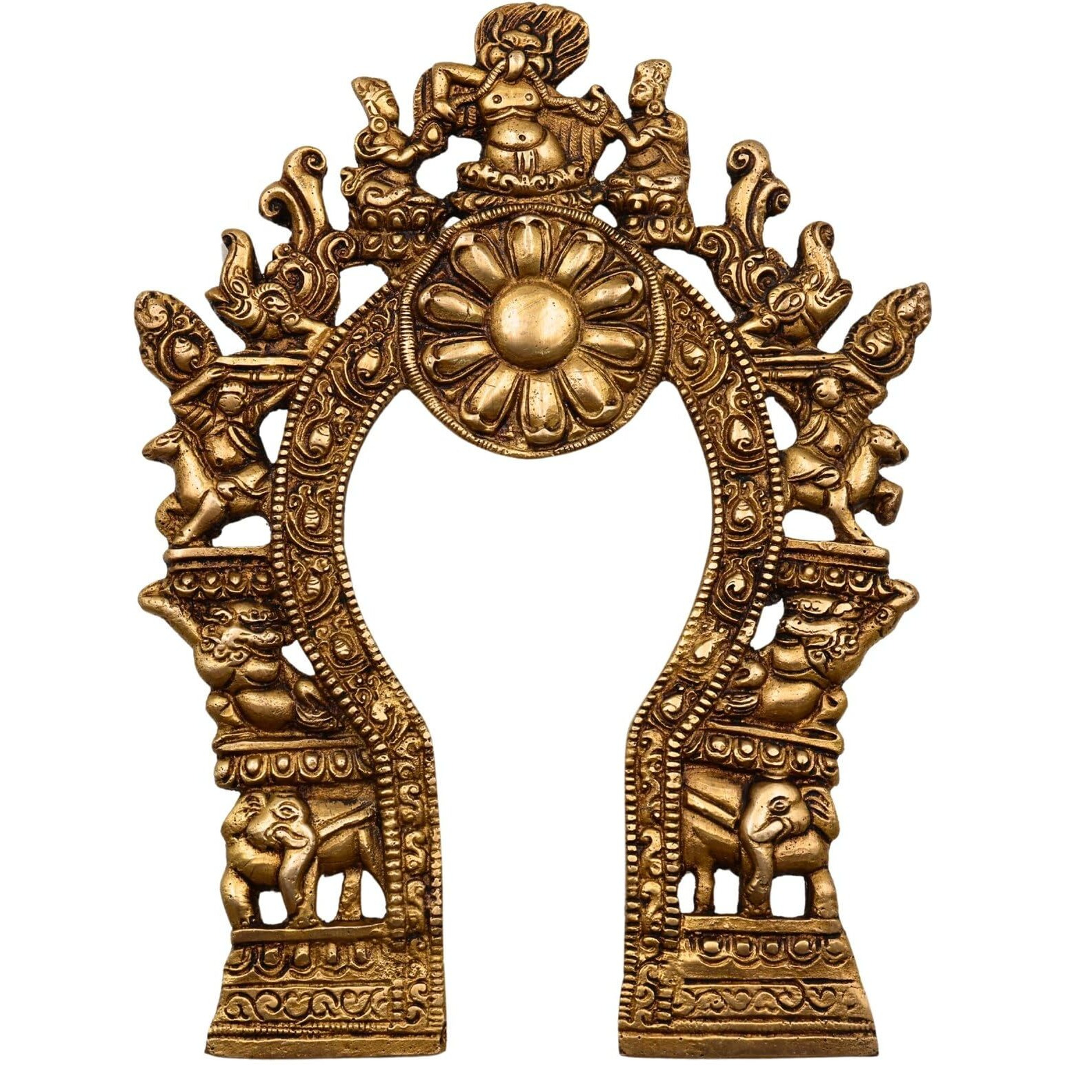 Bhunes Brass Prabhavali With Yali, Elephant & Deities  Traditional Arch Frame Wall Hanging For Home Temple | Prabhawali Prabhaval For Murti Backdrop Decor, Gold, 9 Inch, 1 Piece