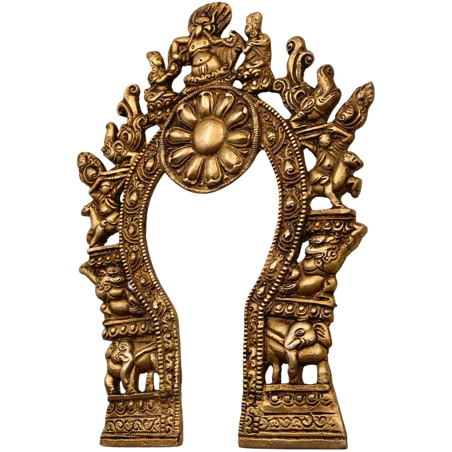 Bhunes Brass Prabhavali With Yali, Elephant & Deities  Traditional Arch Frame Wall Hanging For Home Temple | Prabhawali Prabhaval For Murti Backdrop Decor, Gold, 9 Inch, 1 Piece