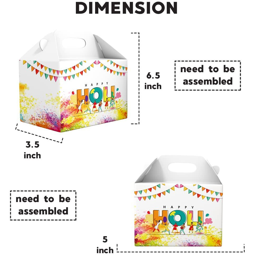 Festiko 6 Pcs Party Holi Treat Boxes,Holi Hai - Festival Of Colors Party Favor Boxes,Goodie Boxes,Cookies Boxes,Party Favor Candy Boxes,Gable Paper Gift Boxes With Handles,Party Decoration Design- 1