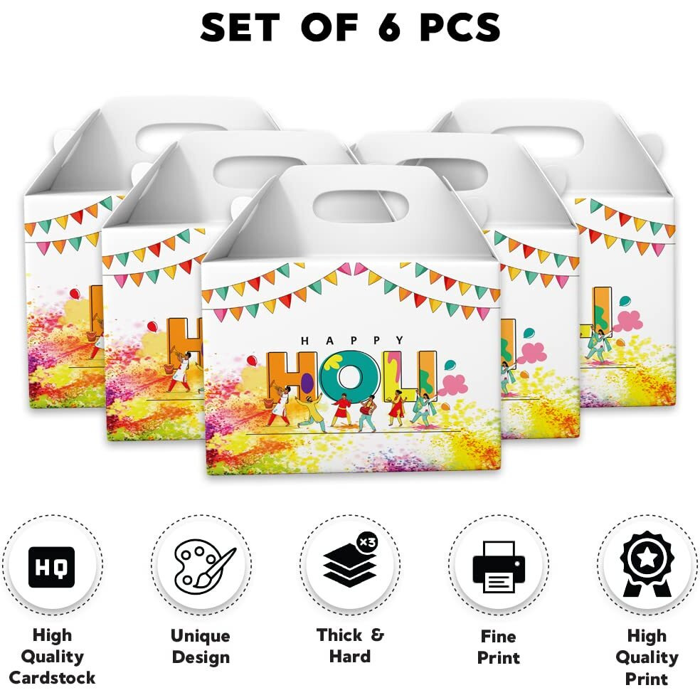 Festiko 6 Pcs Party Holi Treat Boxes,Holi Hai - Festival Of Colors Party Favor Boxes,Goodie Boxes,Cookies Boxes,Party Favor Candy Boxes,Gable Paper Gift Boxes With Handles,Party Decoration Design- 1