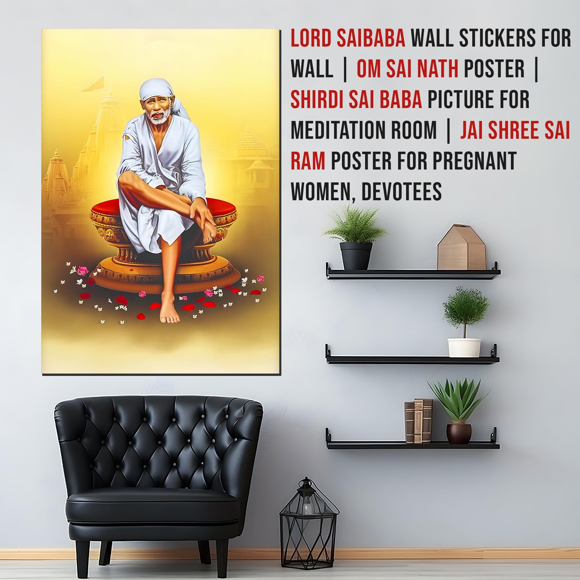 Lord Saibaba Wall Stickers For Wall | Om Sai Nath Poster | Shirdi Sai Baba Picture For Meditation Room | Jai Shree Sai Ram Poster For Pregnant Women, Devotees
