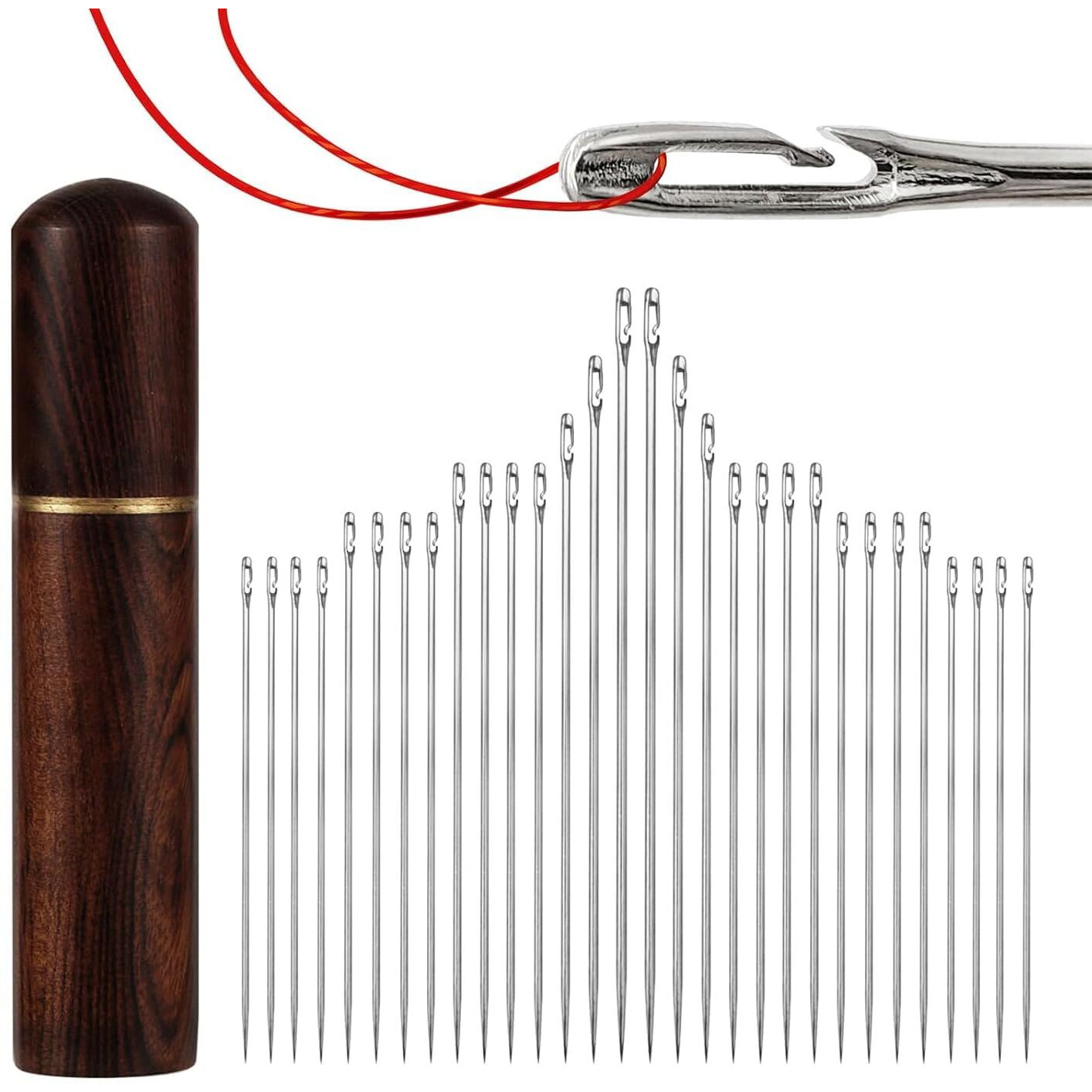 Qeeig 30Pcs Needle Set Self-Threading With Wooden Case Long Of Various Sizes Easy Self For Embroidery | Hand Sewing | 7 Cm | Pack Of - 01