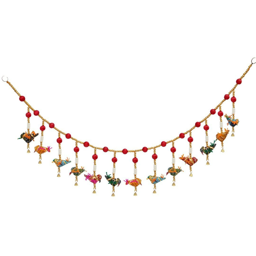 Handicrafts Paradise Beads With Multiple Birds Cloth Door Hanging (100 Cm X 2.5 Cm X 14 Cm)