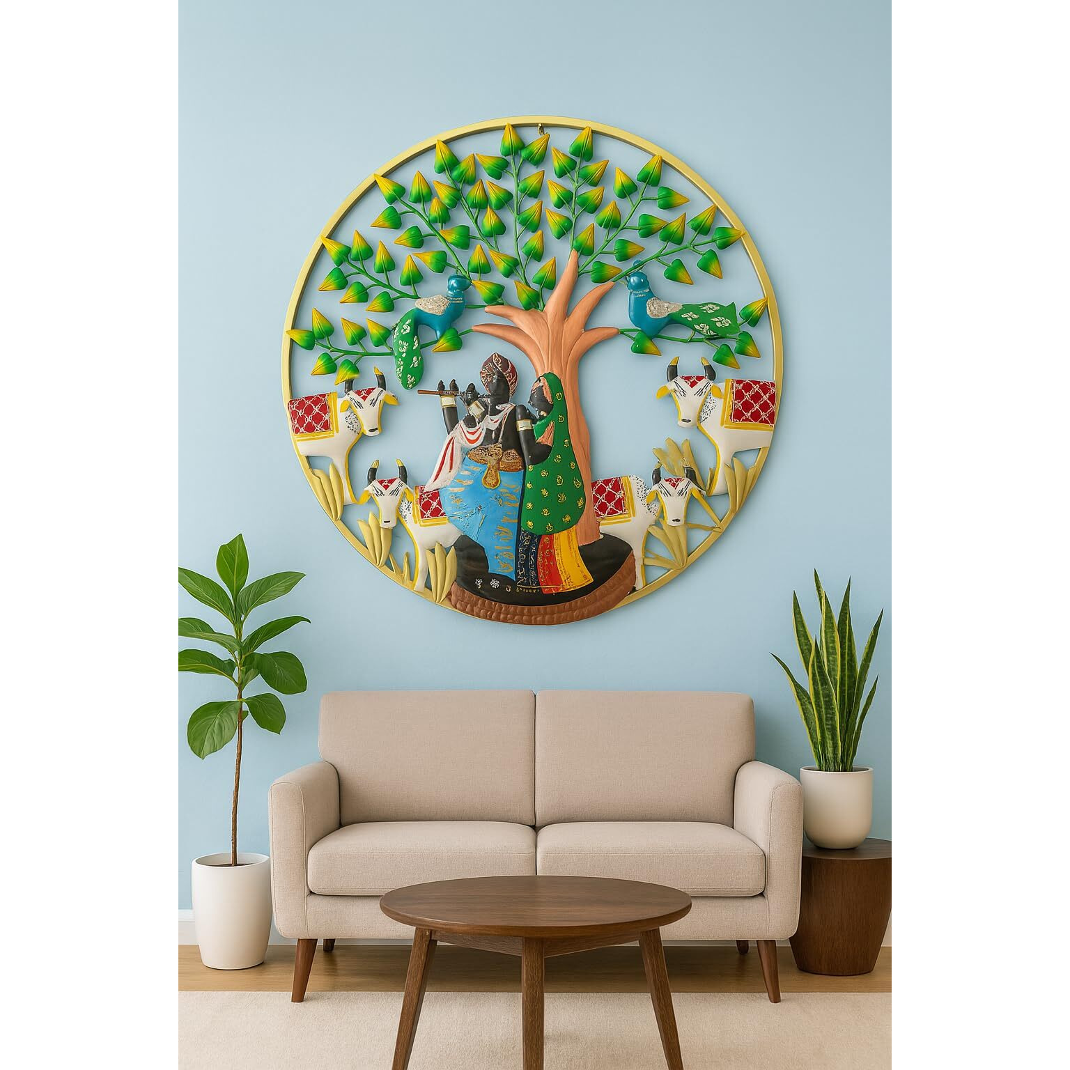 Rsn Beautiful Wall Hanging Radha Krishna Cow With Led Light Wall Decor Art Sculpture Home Decor For Living Room/Bedroom/Dining Hall/Office/Hotels (32 Inches)