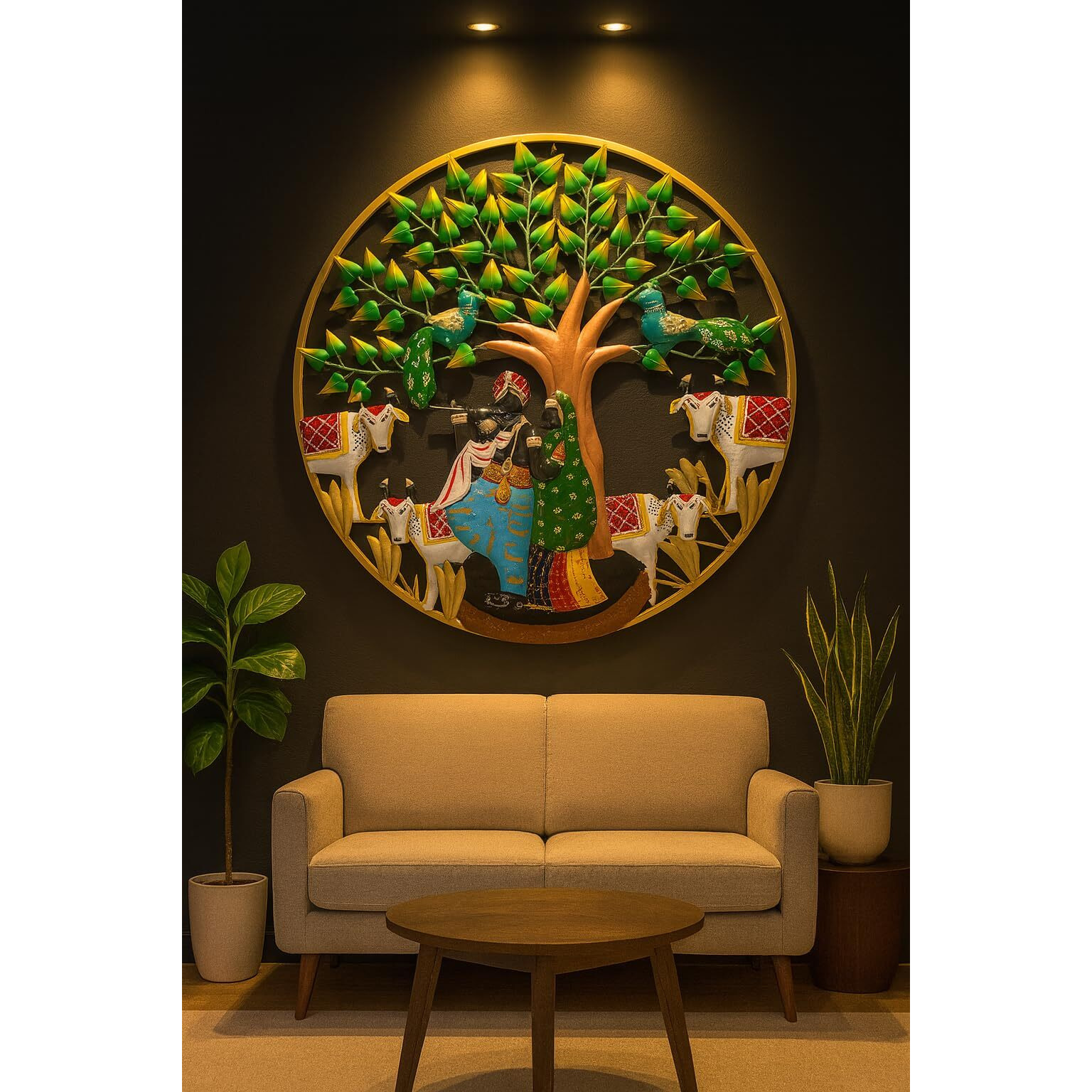 Rsn Beautiful Wall Hanging Radha Krishna Cow With Led Light Wall Decor Art Sculpture Home Decor For Living Room/Bedroom/Dining Hall/Office/Hotels (32 Inches)