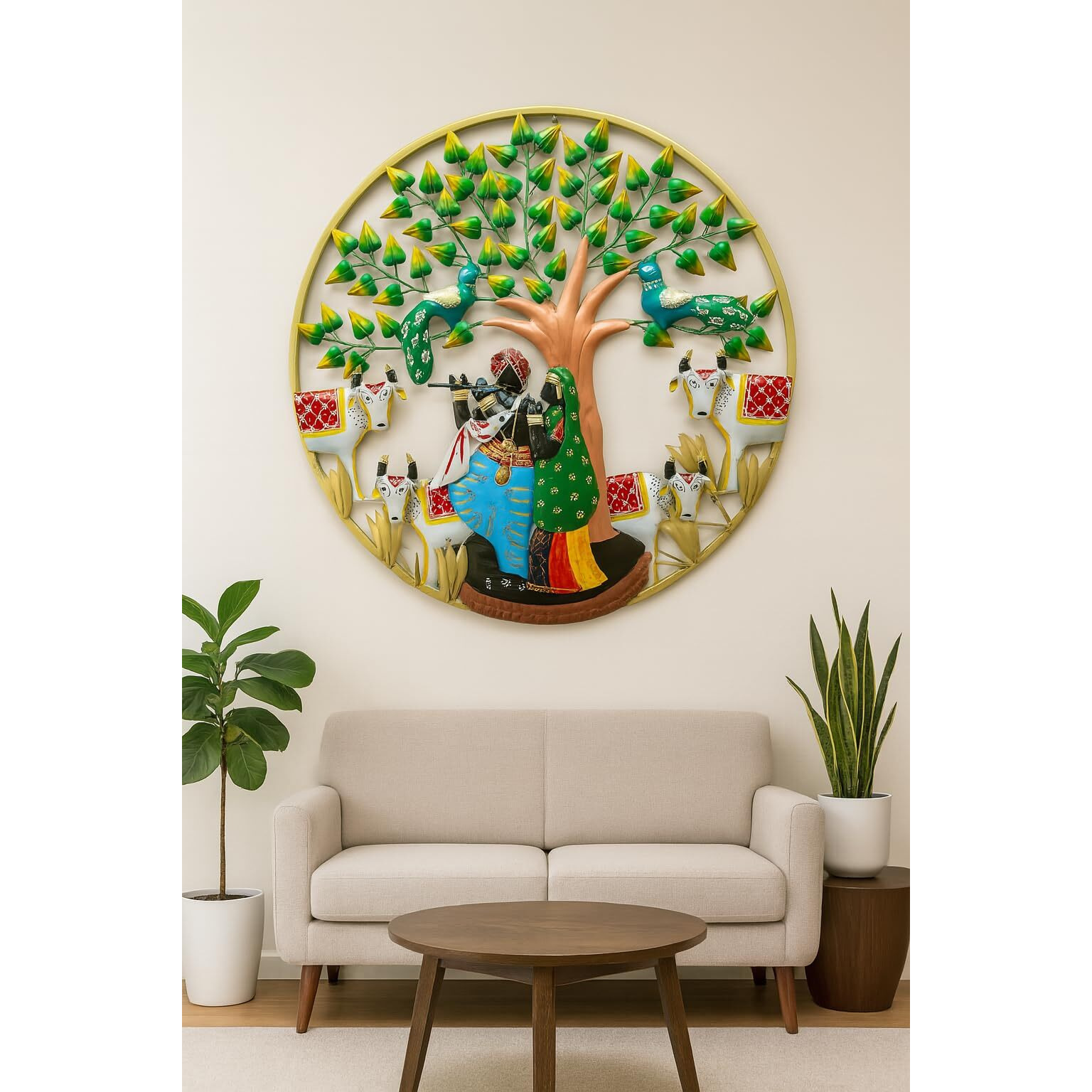 Rsn Beautiful Wall Hanging Radha Krishna Cow With Led Light Wall Decor Art Sculpture Home Decor For Living Room/Bedroom/Dining Hall/Office/Hotels (32 Inches)
