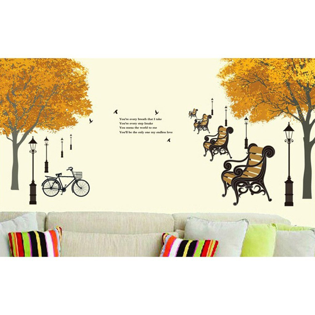 Decals Design 'Trees In Autumn Antique Lamps Benches Bicycle And Love Quote' Wall Sticker (Pvc Vinyl, 90 Cm X 60 Cm, Multicolour)