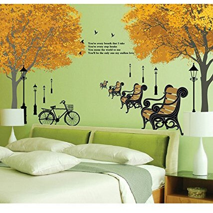 Decals Design 'Trees In Autumn Antique Lamps Benches Bicycle And Love Quote' Wall Sticker (Pvc Vinyl, 90 Cm X 60 Cm, Multicolour)
