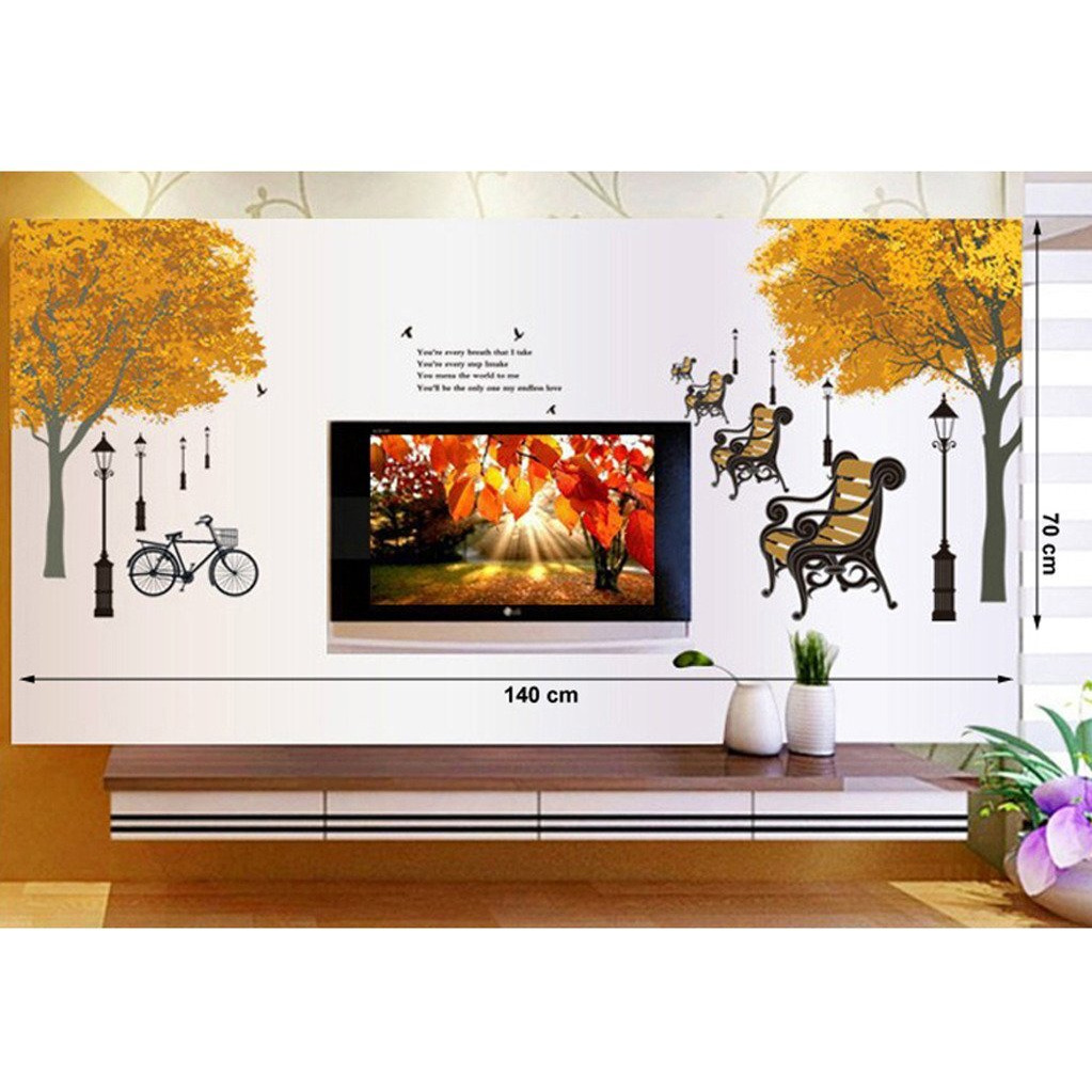 Decals Design 'Trees In Autumn Antique Lamps Benches Bicycle And Love Quote' Wall Sticker (Pvc Vinyl, 90 Cm X 60 Cm, Multicolour)