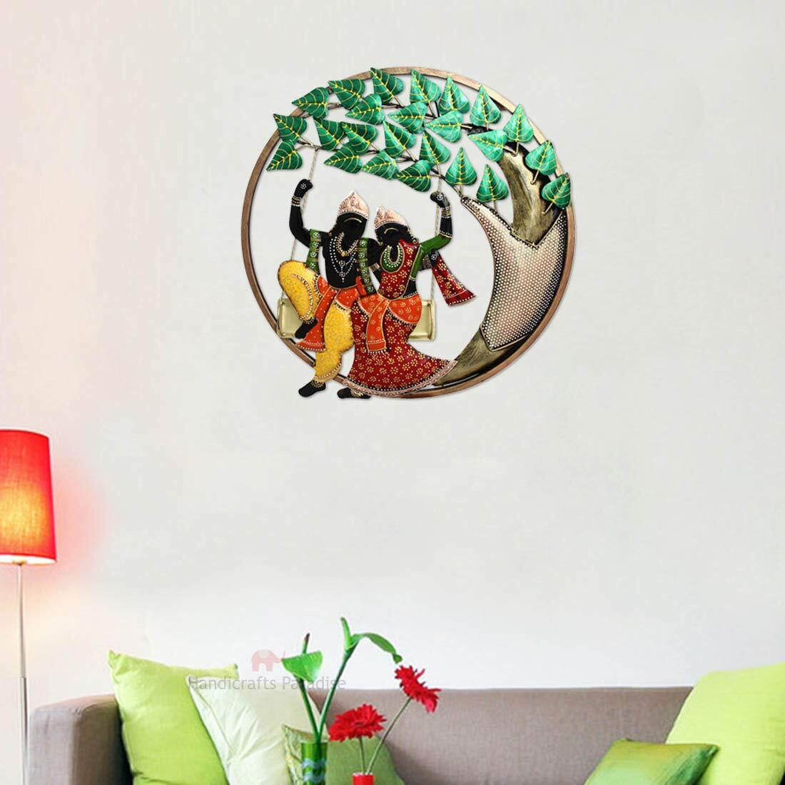 Handicrafts Paradise Wrought Iron Decorative Radha Krishna On Swing Round Wall Decor Showpiece (Multicolour, 21.5 X 23 Inch)