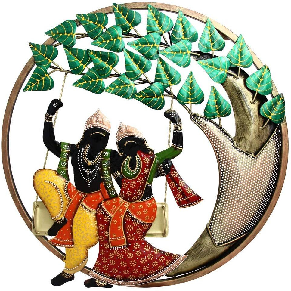 Handicrafts Paradise Wrought Iron Decorative Radha Krishna On Swing Round Wall Decor Showpiece (Multicolour, 21.5 X 23 Inch)