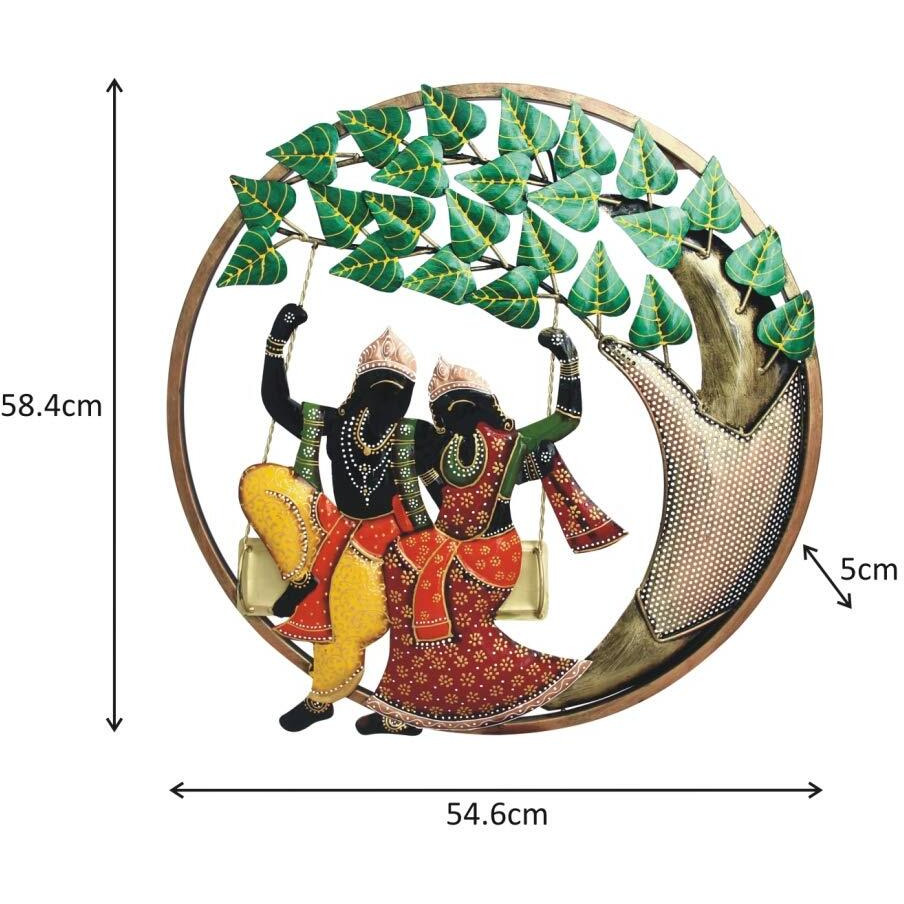 Handicrafts Paradise Wrought Iron Decorative Radha Krishna On Swing Round Wall Decor Showpiece (Multicolour, 21.5 X 23 Inch)