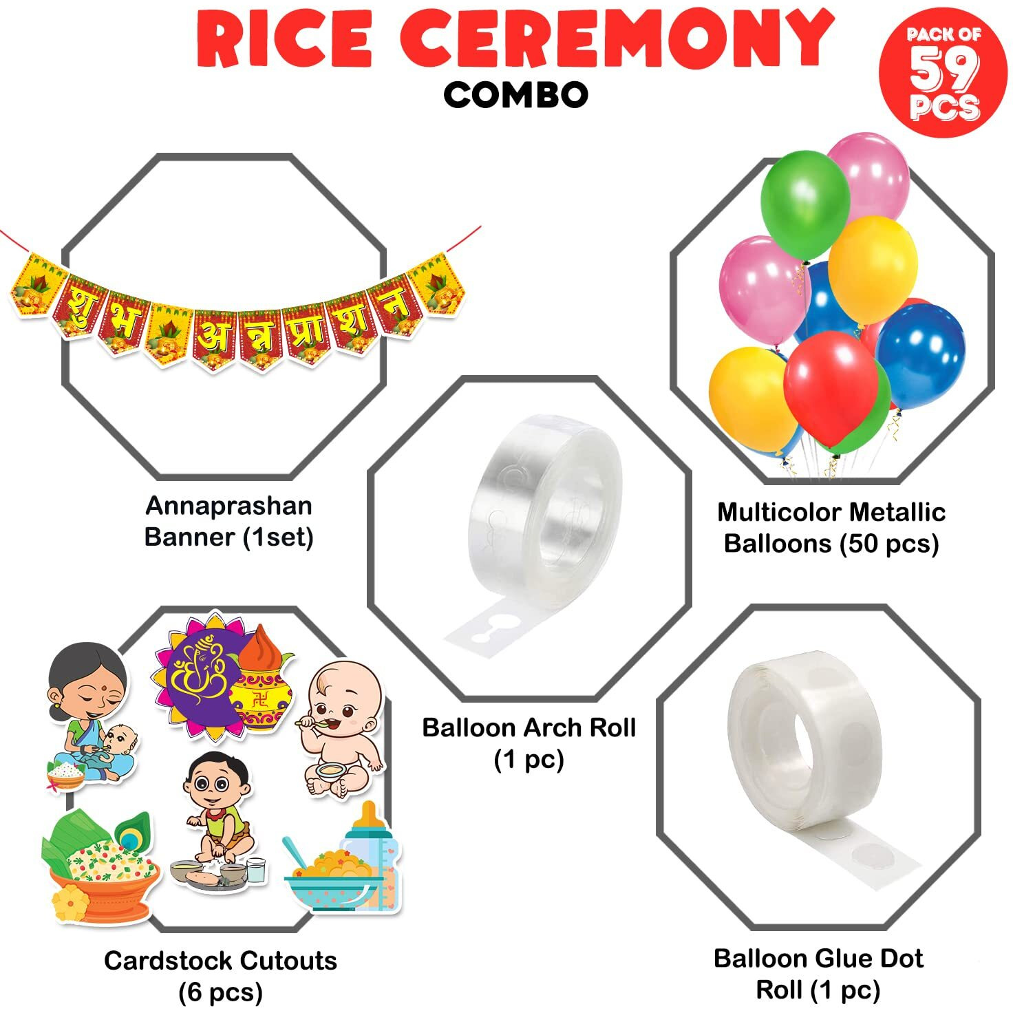 Zyozique Annaprasanam Cardstock Cutout With Paper Bunting Paper Banner Hindi Font Shubh Annaprashan And Balloon,Annaprashan Decoration Items (Pack Of 59)