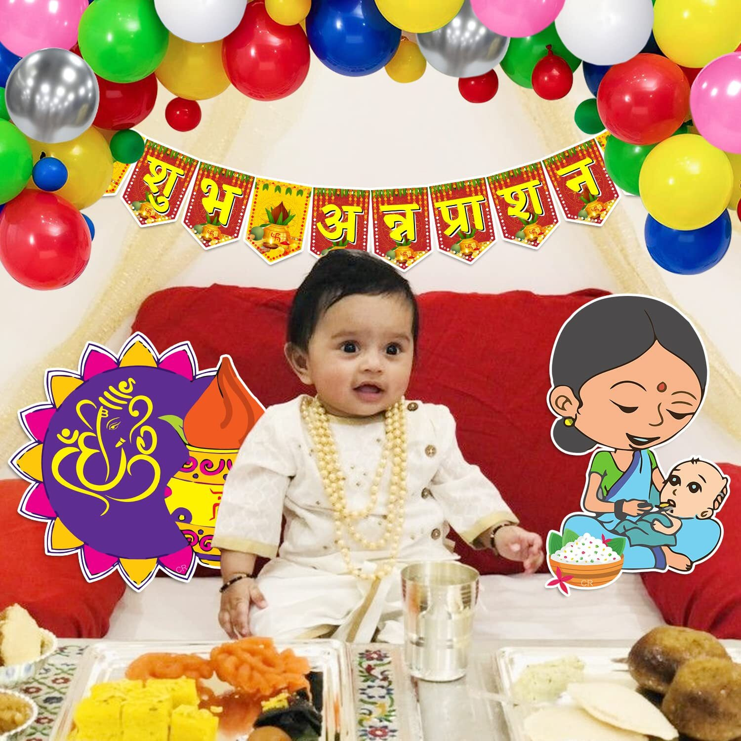 Zyozique Annaprasanam Cardstock Cutout With Paper Bunting Paper Banner Hindi Font Shubh Annaprashan And Balloon,Annaprashan Decoration Items (Pack Of 59)