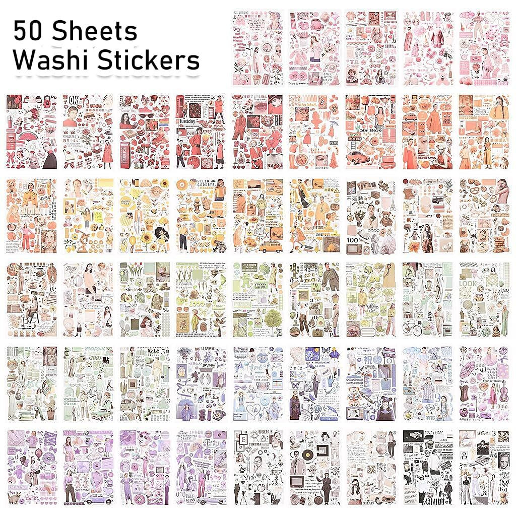 Hasthip 50 Sheets Vintage Washi Stickers, Scrapbook Stickers For Junk Journals, Aesthetic Sticker Book For Journaling Supplies, Art Bullet Journals, Scrapbooking And Paper Work, Home Decor