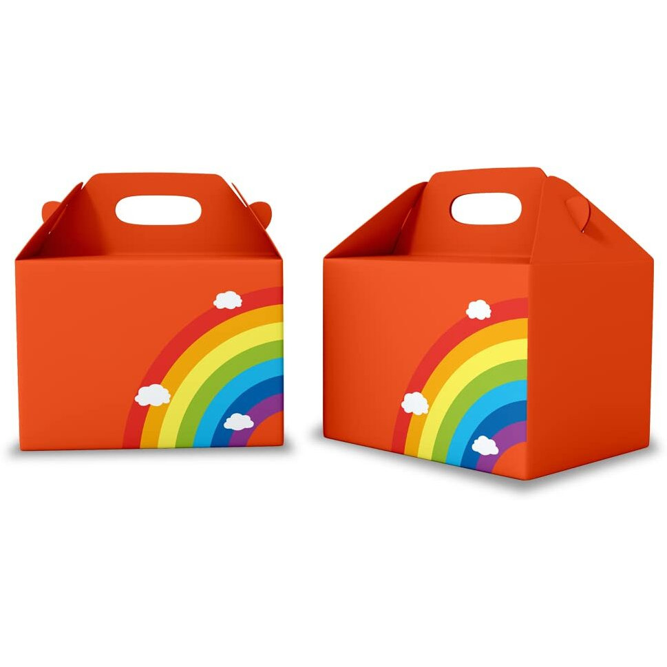 Festiko 6 Pcs Orange Party Treat Boxes With Rainbow & Cloud Sign, Rainbow Theme Boxes, Party Favor Boxes, Party Favor Candy Boxes, Gable Paper Gift Boxes With Handles, Rainbow Theme Party Supplies