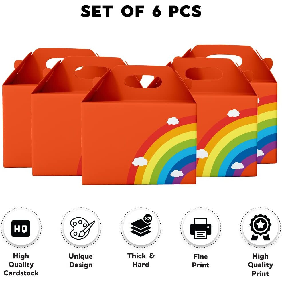 Festiko 6 Pcs Orange Party Treat Boxes With Rainbow & Cloud Sign, Rainbow Theme Boxes, Party Favor Boxes, Party Favor Candy Boxes, Gable Paper Gift Boxes With Handles, Rainbow Theme Party Supplies