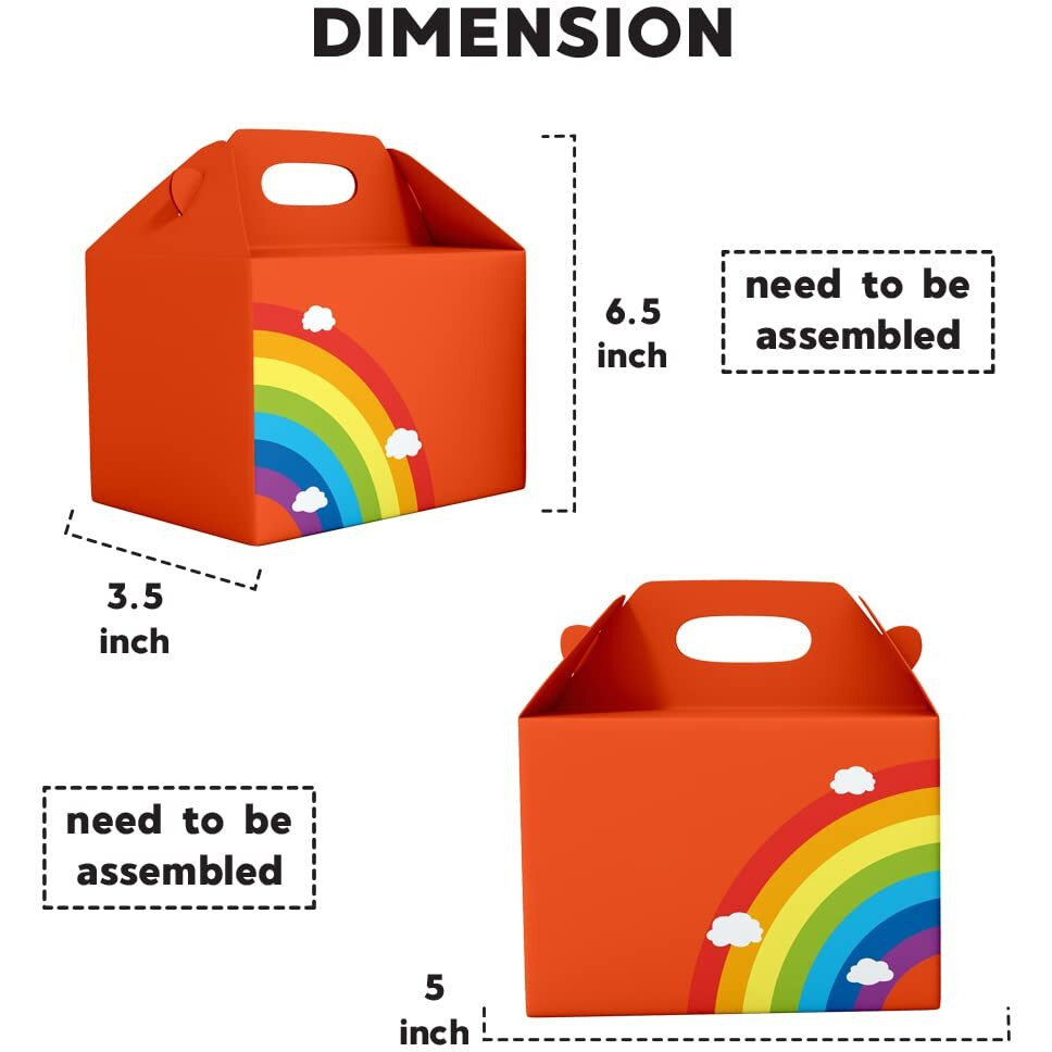 Festiko 6 Pcs Orange Party Treat Boxes With Rainbow & Cloud Sign, Rainbow Theme Boxes, Party Favor Boxes, Party Favor Candy Boxes, Gable Paper Gift Boxes With Handles, Rainbow Theme Party Supplies