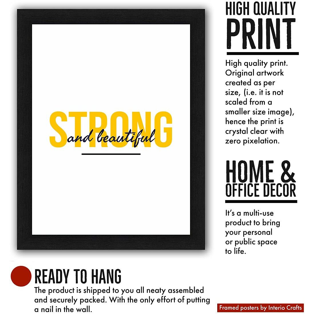 Interio Crafts Strong And Beautiful Motivational Quote Poster  Inspirational Wall Art For Home, Office, Gym, Or Bedroom  Empowering Decor Gift (Frame 13X10 Inches, Black) - Framed