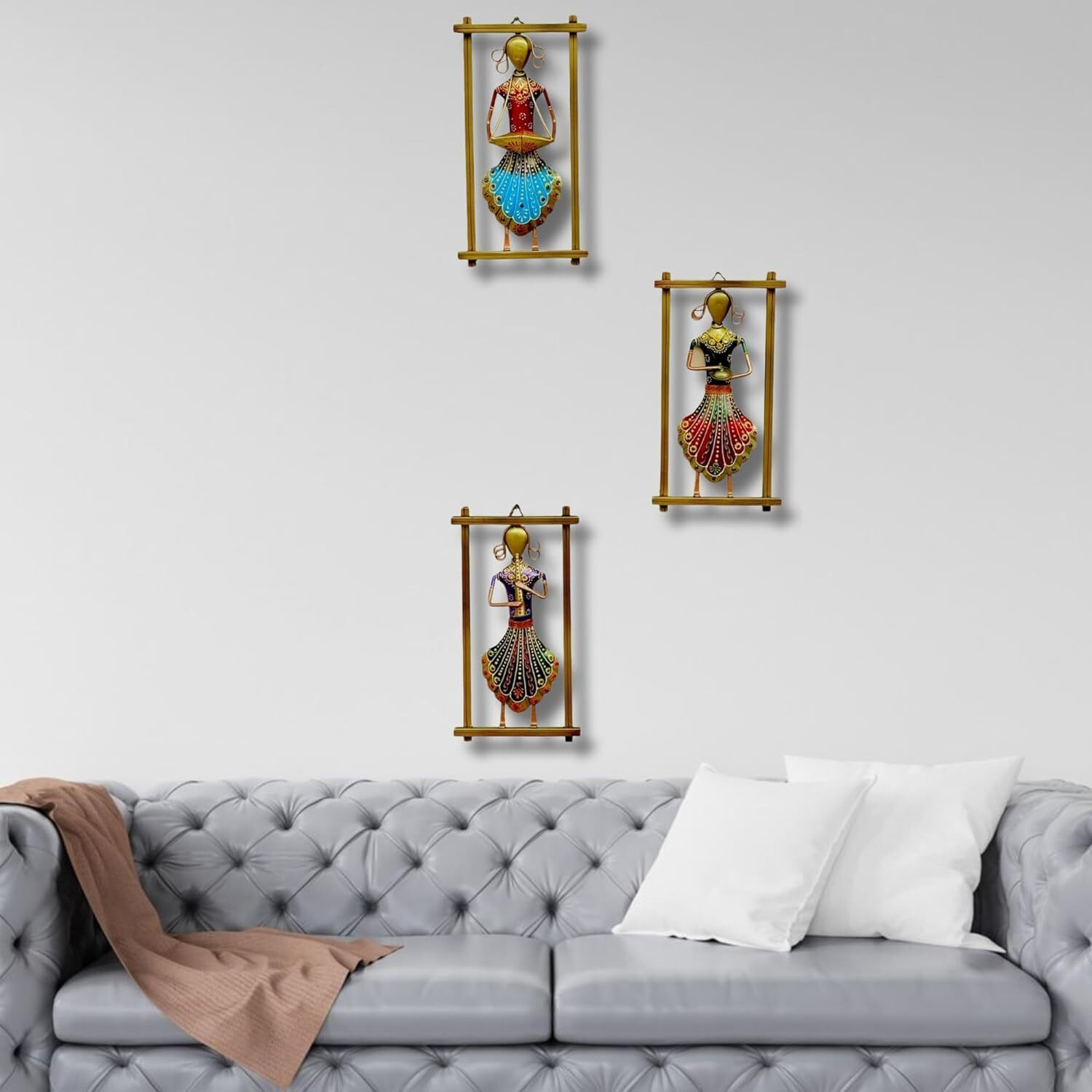 Rsn Metal Wall Art For Home Office Living Room Decor Handmade Rajasthani Musician Showpiece For Wall Decoration - Set Of 3 Frames - Size-12 X 6.5 Inches Each-A2
