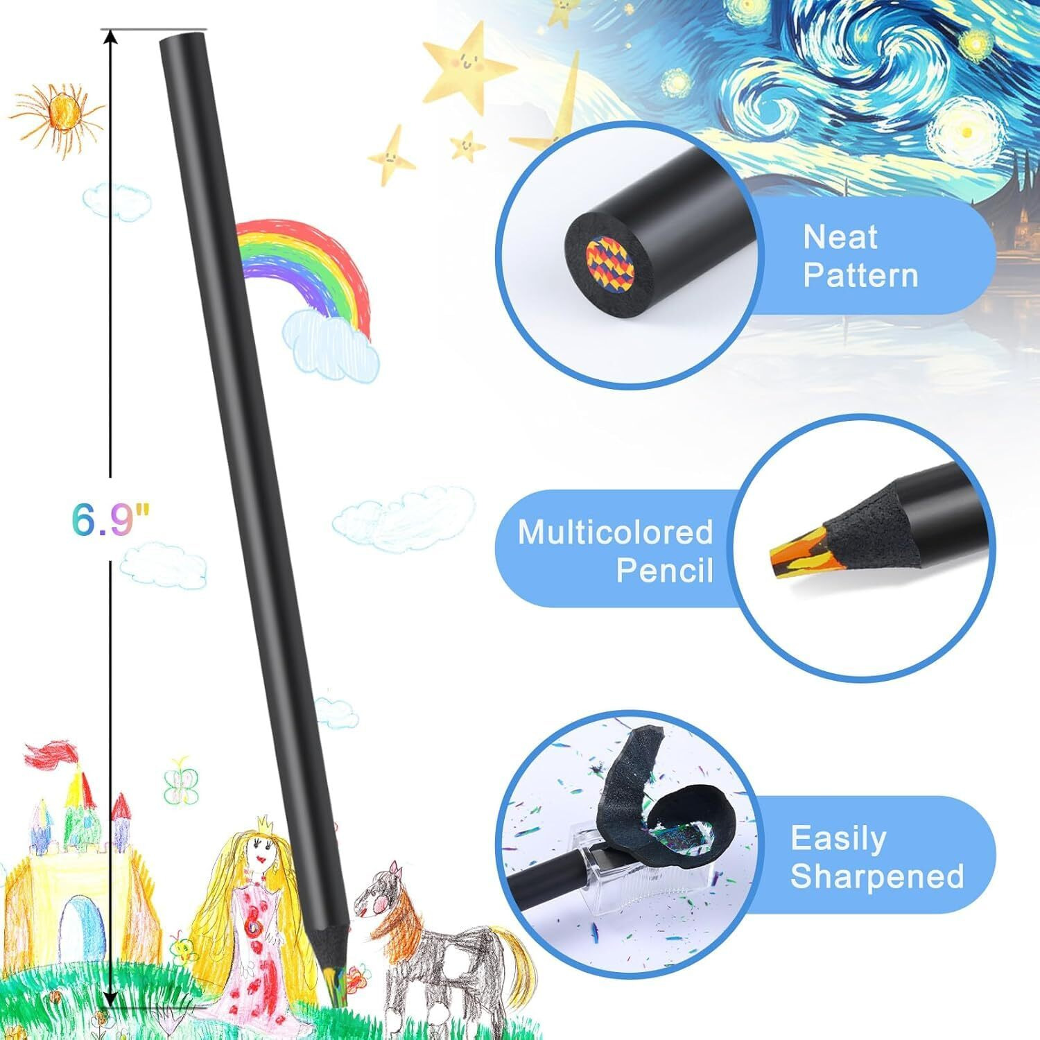 Drucila 12 Colors Rainbow Pencils For Kids Adults, Rainbow Colored Pencil Art Supplies For Girls Boys, Black Wooden Multi Colored Pencils Bulk For Coloring Drawing Sketching, Pre-Sharpened.