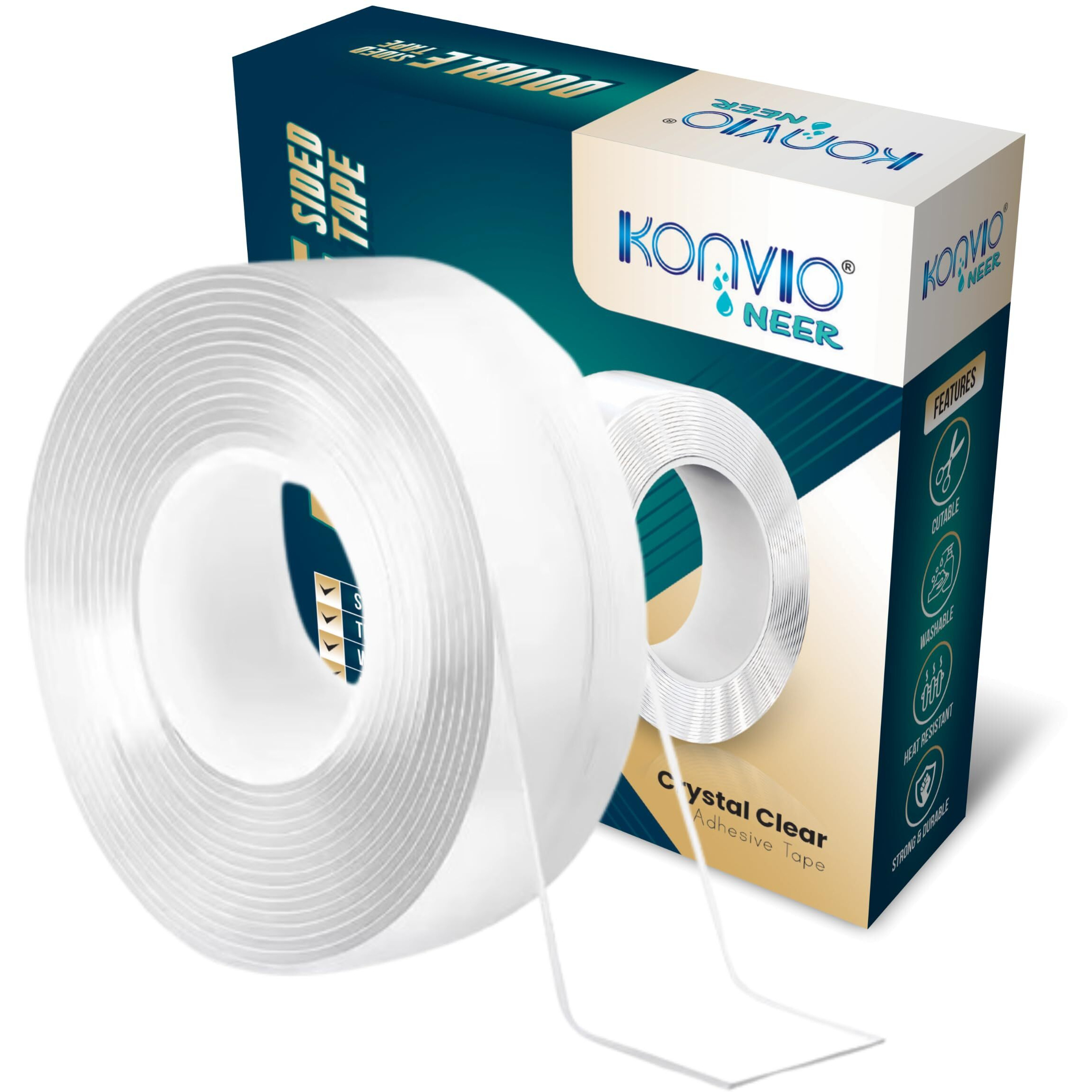 Konvio Neer 3 Meter Heavy Duty Double-Sided Washable Tape Adhesive, Reusable, Strong Sticky Tape For Wall, Office, Kitchen, Household, Schools, Removable, No Damage (1Mm X 30Mm X 3M)