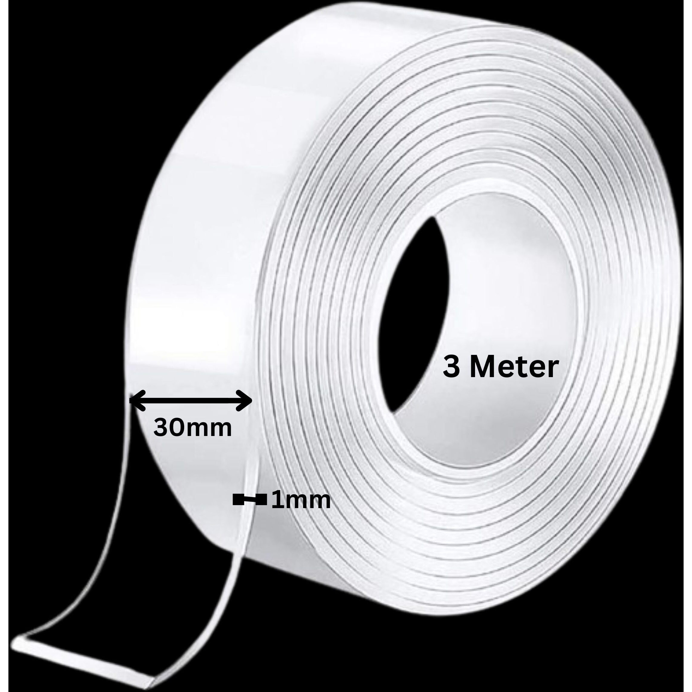 Konvio Neer 3 Meter Heavy Duty Double-Sided Washable Tape Adhesive, Reusable, Strong Sticky Tape For Wall, Office, Kitchen, Household, Schools, Removable, No Damage (1Mm X 30Mm X 3M)