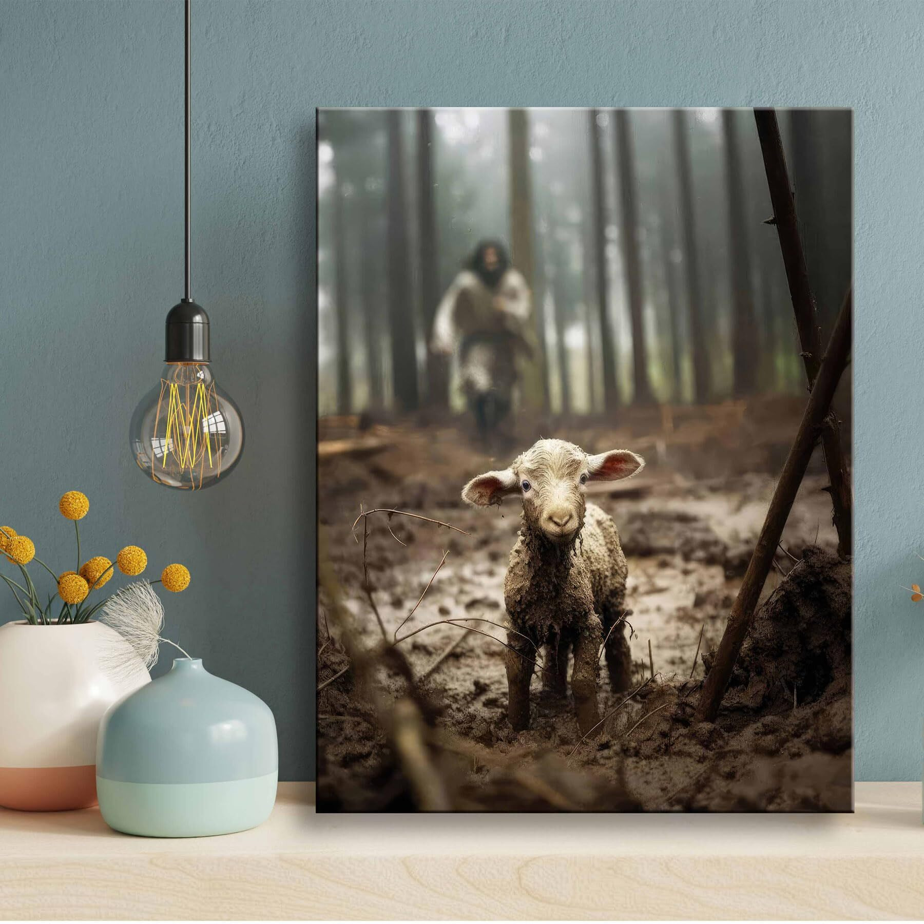 Jesus And Lamb Canvas Wall Art Jesus Running After Lost Lamb Picture Wall Art Canvas Print Christian Lamb Of God Home Decor Jesus Saves The Lamb A Lost Lamb Inspirational Christian Wall Art For Office Decor (12X16Inch) A-297