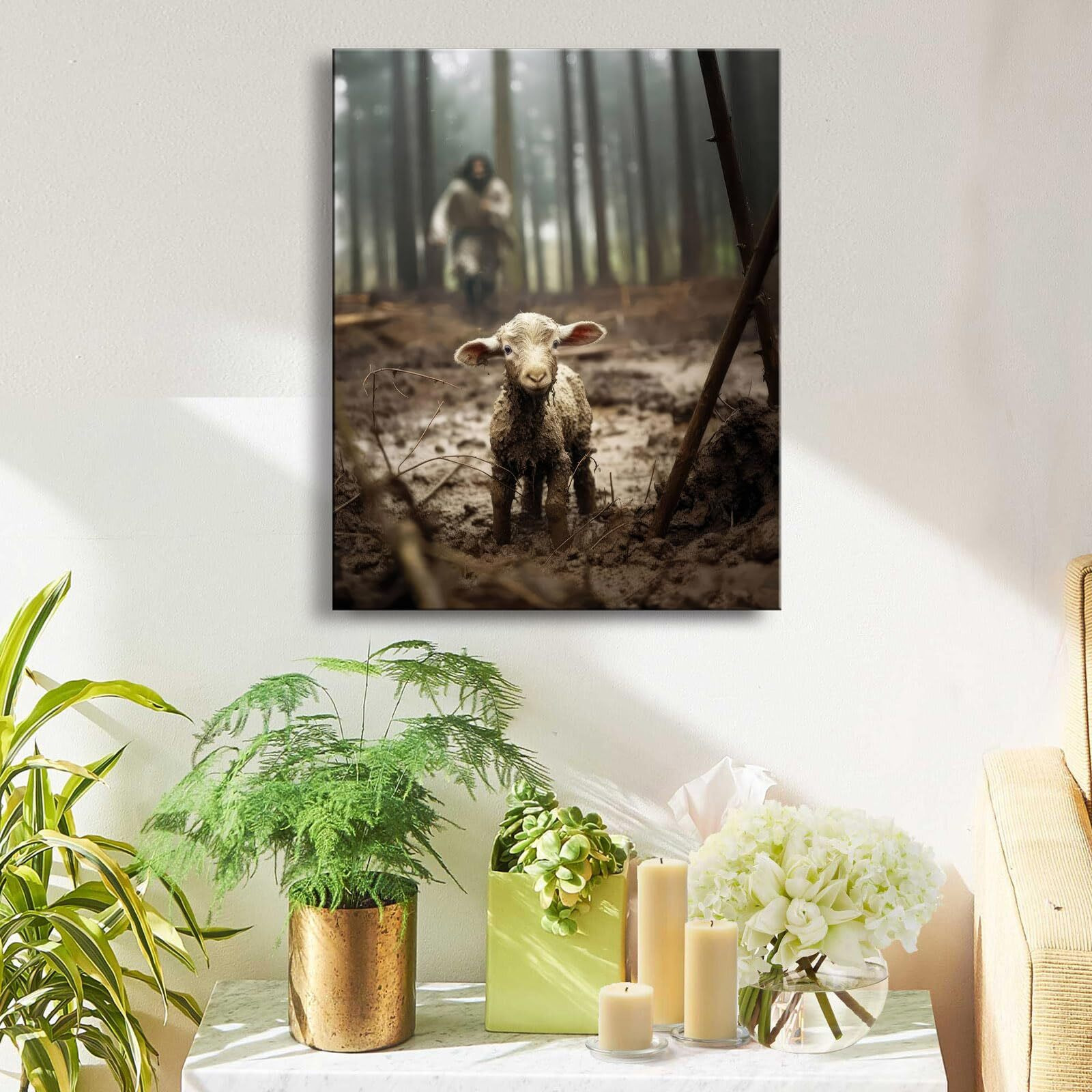 Jesus And Lamb Canvas Wall Art Jesus Running After Lost Lamb Picture Wall Art Canvas Print Christian Lamb Of God Home Decor Jesus Saves The Lamb A Lost Lamb Inspirational Christian Wall Art For Office Decor (12X16Inch) A-297