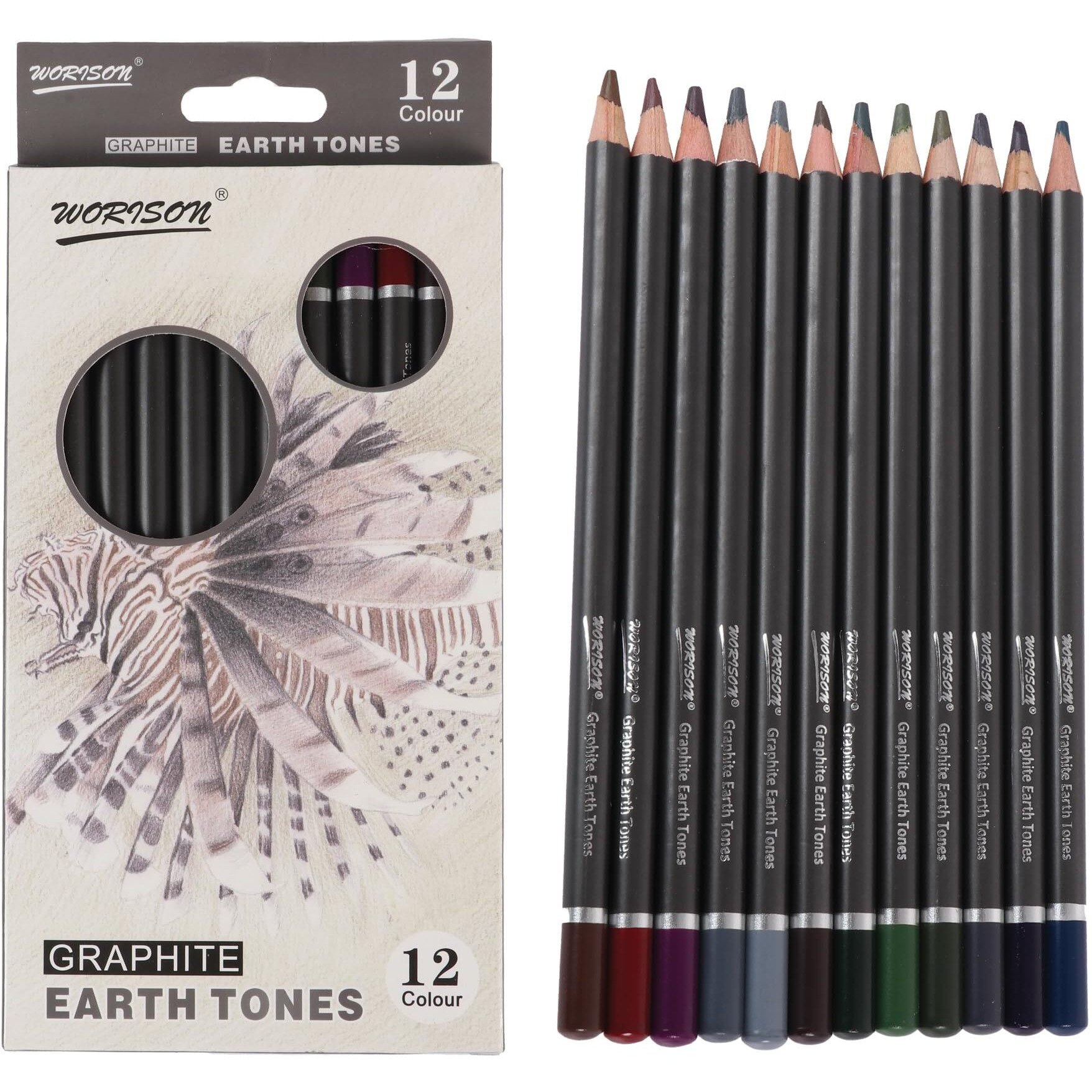 Worison Water Soluble Earth Tones 12 Coloured Graphite Pencils