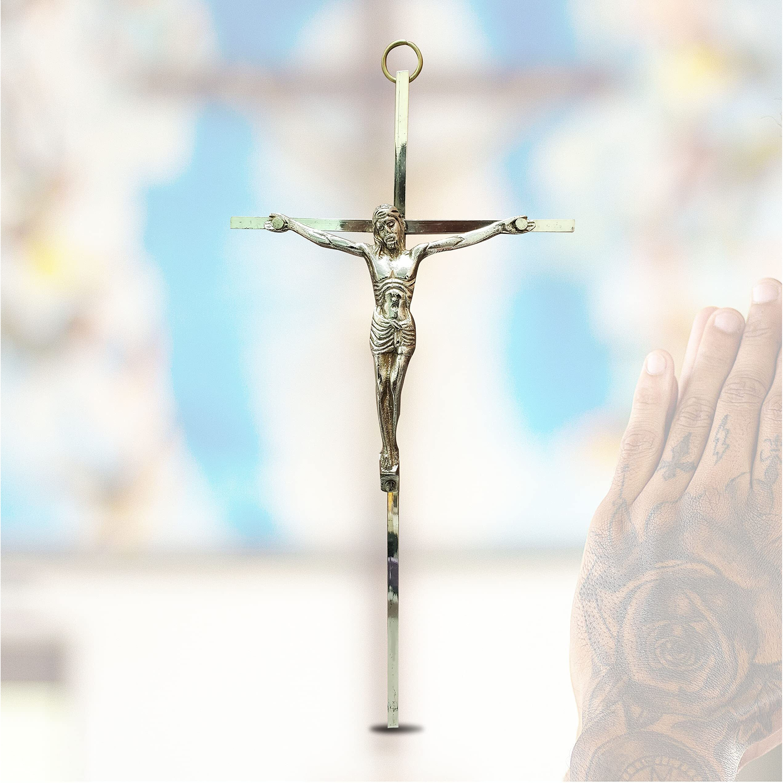 Pure Source India Brass Jesus Christ Cross Statue, Wall Hanging, Christmas And New Year Gifts, 10 X 5 X Inch, Gold