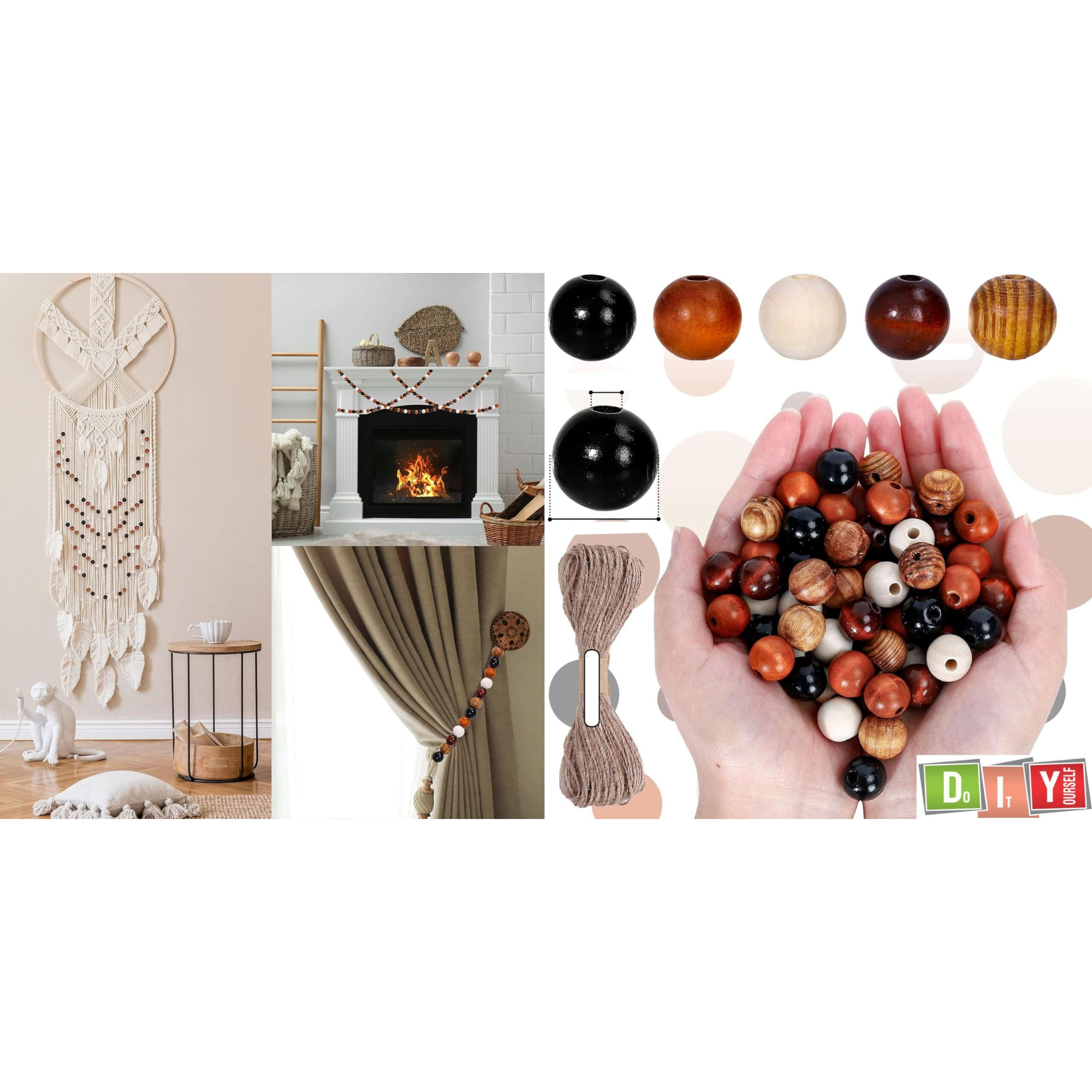 Diy Crafts 130, Rustic Wood Beads Natural Round Wooden Beads Colorful Wood Beads With Hemp Rope Handmade Polished Boho Beads For Home Decor Diy Craft Bracelet Necklace Making Sup (130)