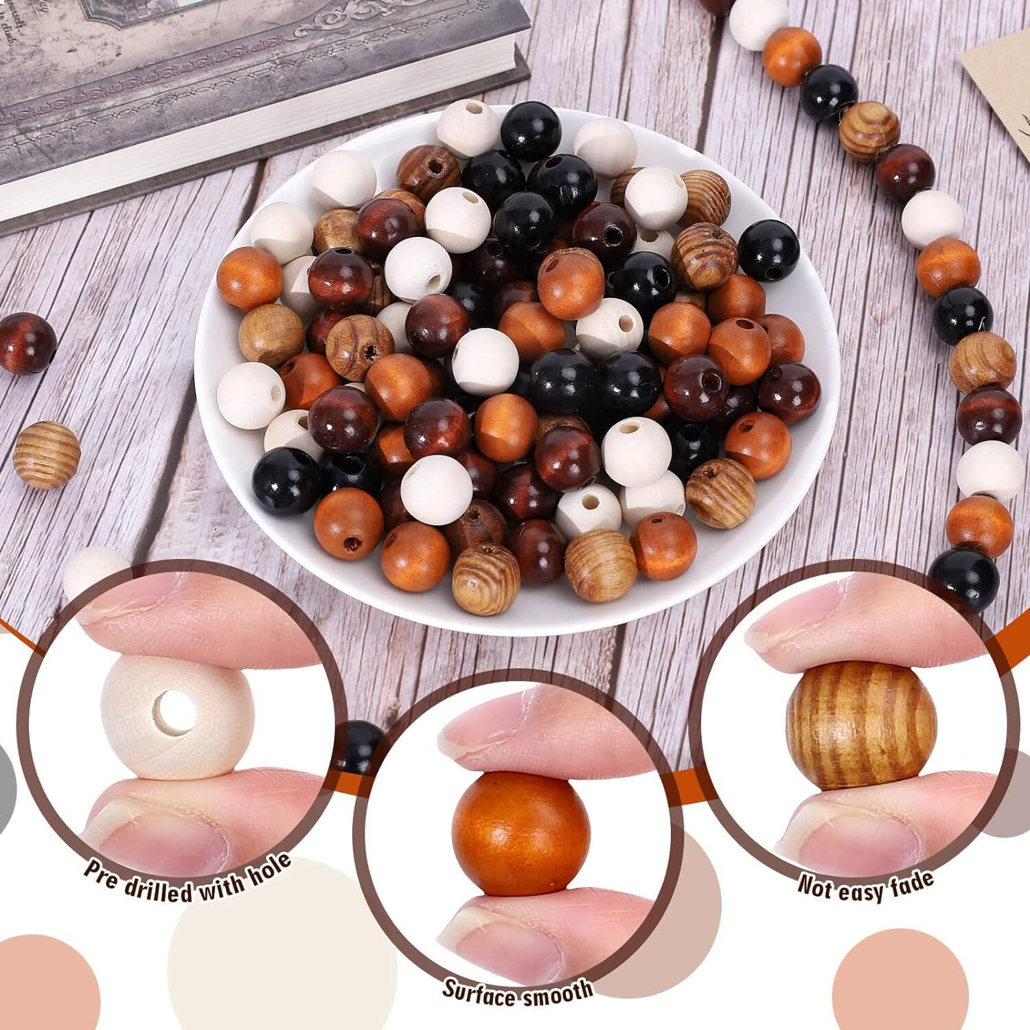 Diy Crafts 130, Rustic Wood Beads Natural Round Wooden Beads Colorful Wood Beads With Hemp Rope Handmade Polished Boho Beads For Home Decor Diy Craft Bracelet Necklace Making Sup (130)