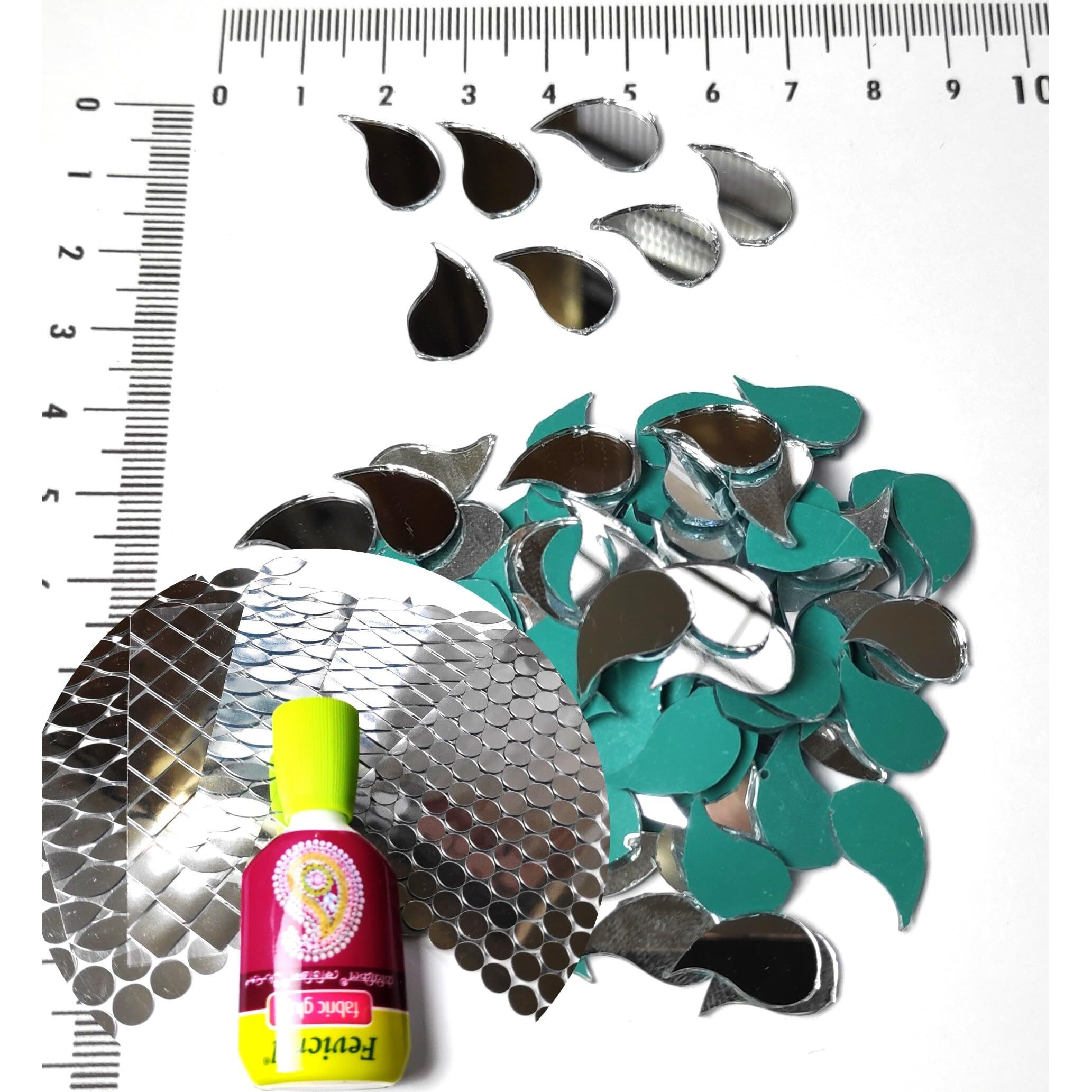 Gosetget Glass Mirrors (300Pcs | Paisley-9X15Mm) For Arts & Craft Work, Lippan Art, Mud Pottery Work, Fabric, Mandala Art - Free Fabric Glue + 500 Silver Foil Mirror Stickers (Paisley-9X15Mm)