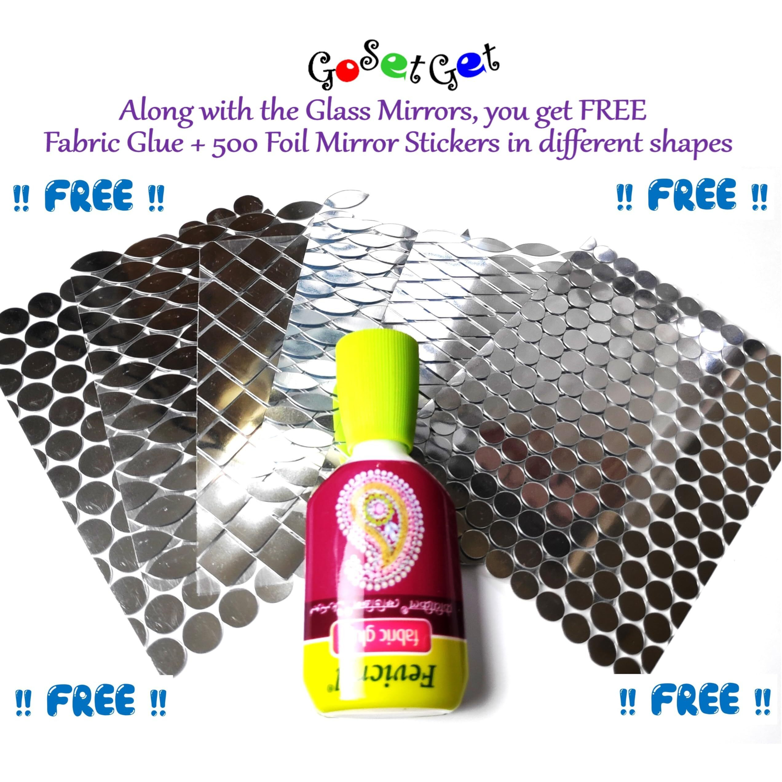Gosetget Glass Mirrors (300Pcs | Paisley-9X15Mm) For Arts & Craft Work, Lippan Art, Mud Pottery Work, Fabric, Mandala Art - Free Fabric Glue + 500 Silver Foil Mirror Stickers (Paisley-9X15Mm)