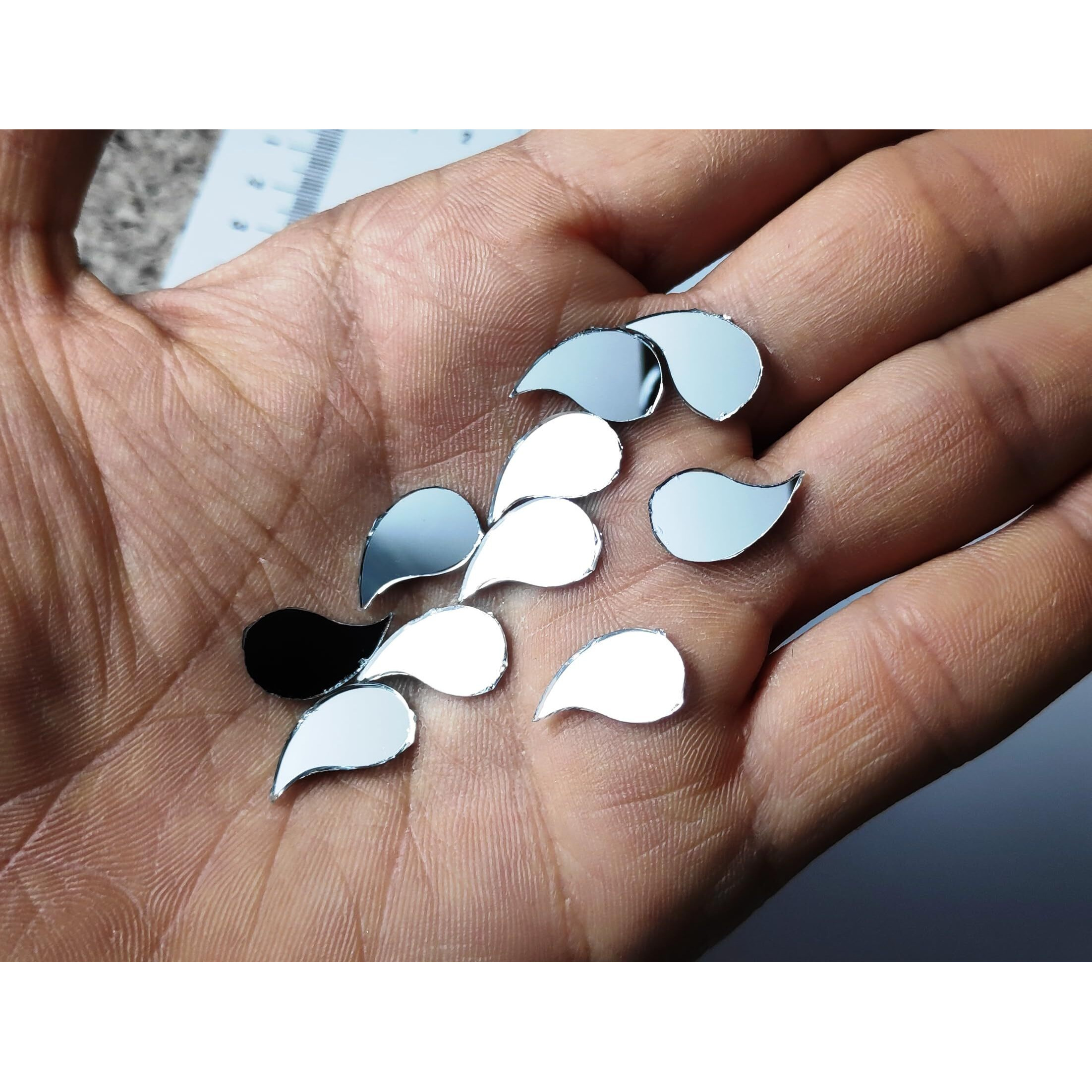 Gosetget Glass Mirrors (300Pcs | Paisley-9X15Mm) For Arts & Craft Work, Lippan Art, Mud Pottery Work, Fabric, Mandala Art - Free Fabric Glue + 500 Silver Foil Mirror Stickers (Paisley-9X15Mm)